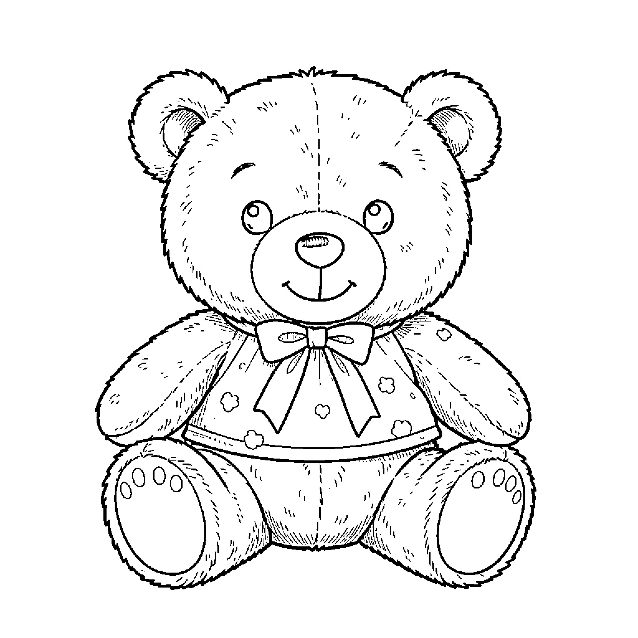 Brown Bear wearing a bow and patterned shirt Coloring Page (free black-and-white line drawing printable PDF for all, from beginners to advanced learners, including children, teens, adults, and seniors)