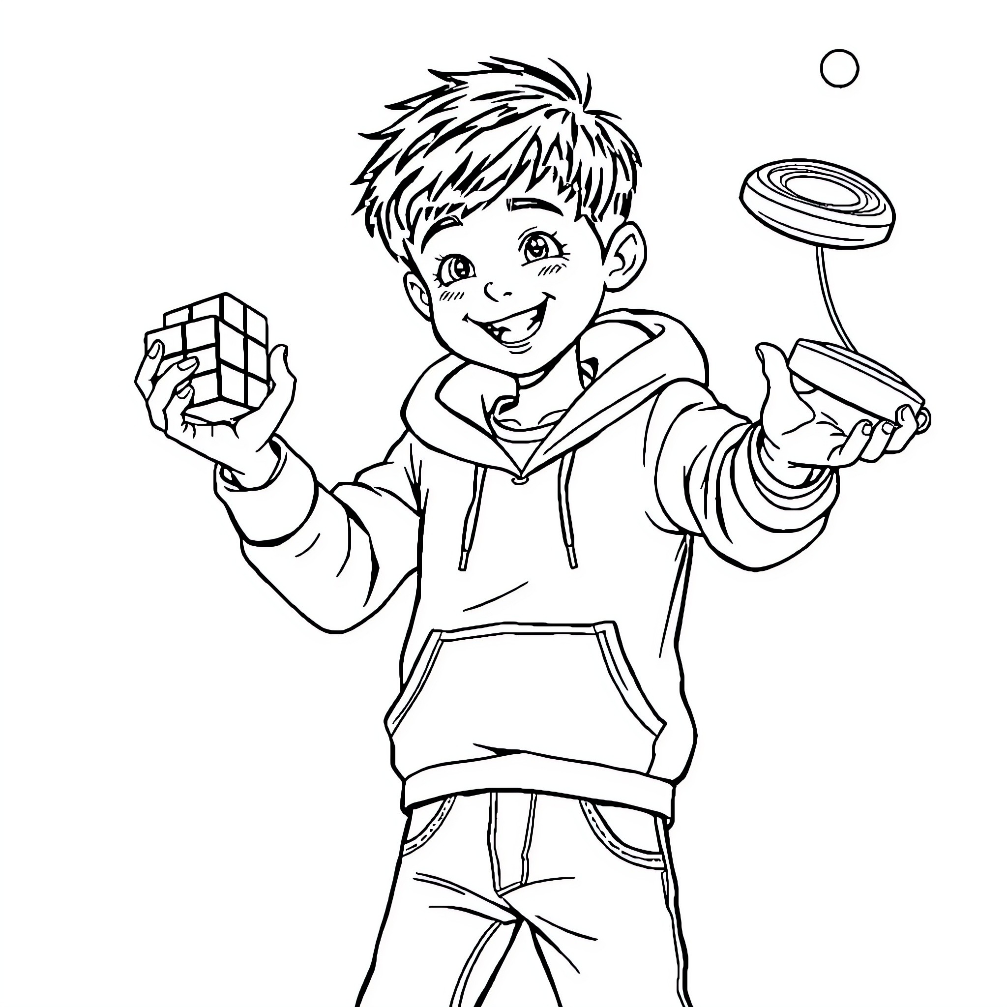 Boy playing with toys and having fun Coloring Page (free black-and-white line drawing printable PDF for all, from beginners to advanced learners, including children, teens, adults, and seniors)