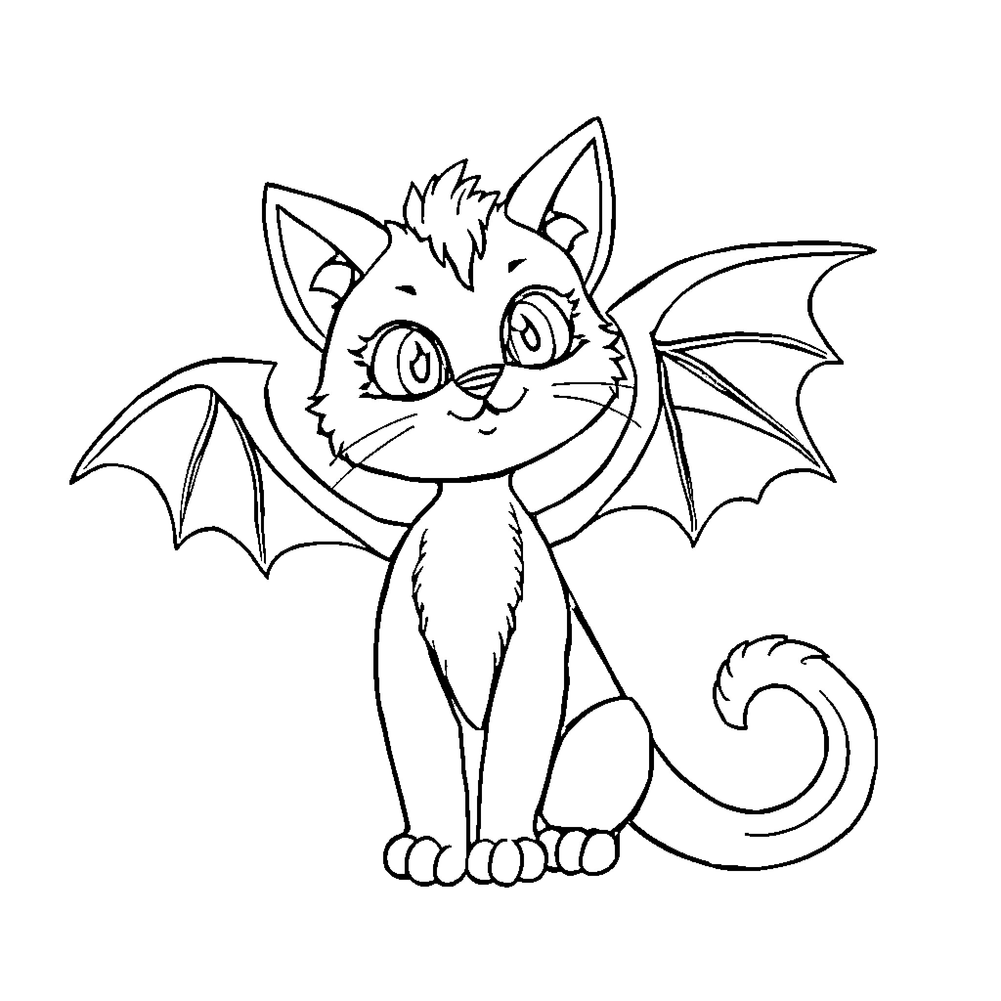 Cat bat showing playful expression Coloring Page (free black-and-white line drawing printable PDF for all, from beginners to advanced learners, including children, teens, adults, and seniors)