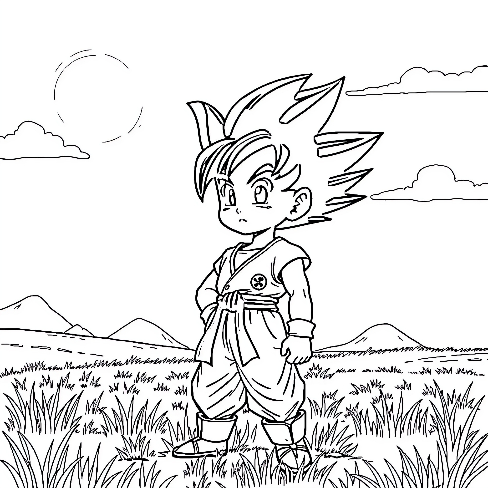 Gohan exploring the serene countryside Coloring Page (free black-and-white line drawing printable PDF for all, from beginners to advanced learners, including children, teens, adults, and seniors)