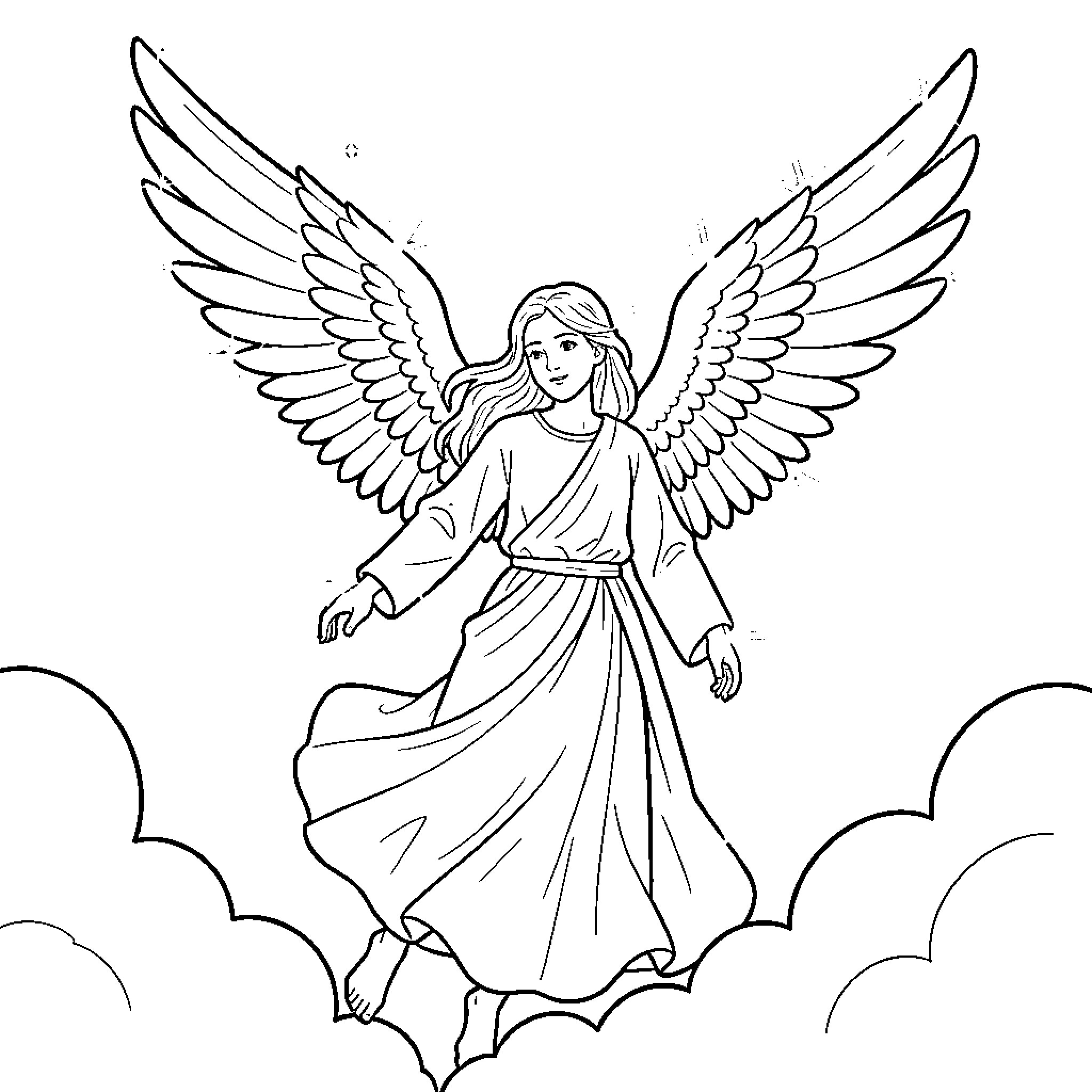 Angel spreading her wings in the heavenly skies Coloring Page (free black-and-white line drawing printable PDF for all, from beginners to advanced learners, including children, teens, adults, and seniors)