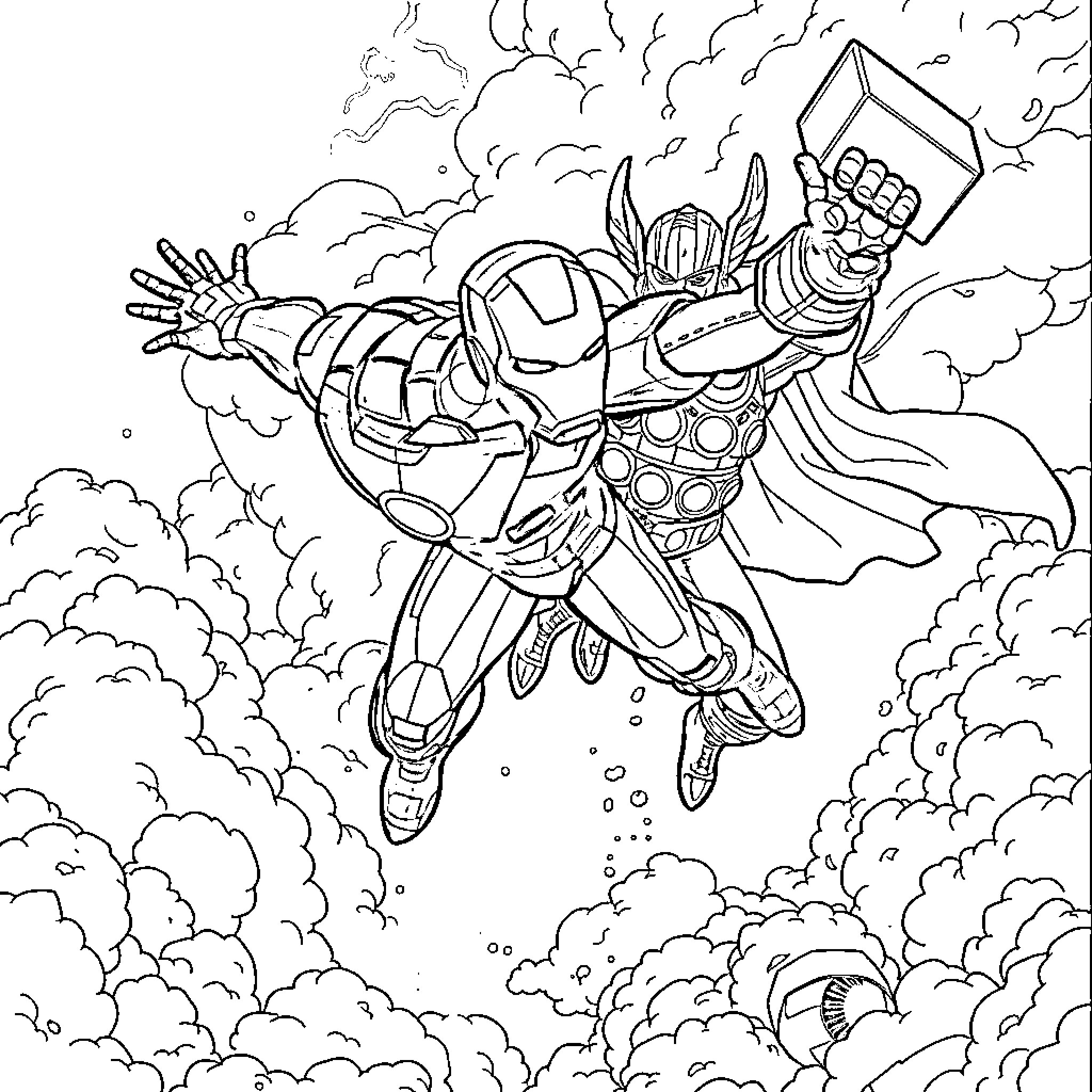 Iron Man heroically soaring through the sky Coloring Page (free black-and-white line drawing printable PDF for all, from beginners to advanced learners, including children, teens, adults, and seniors)