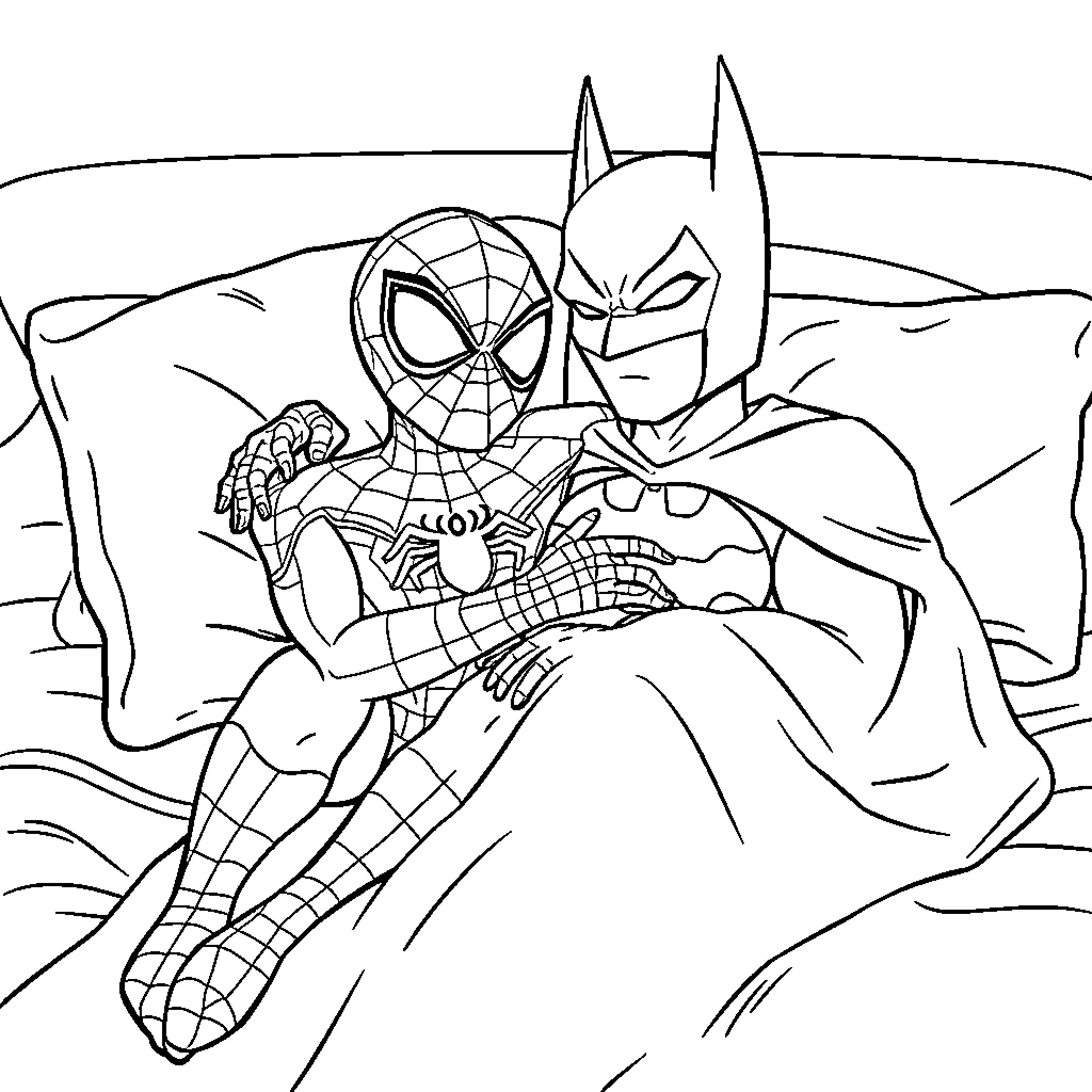 Spiderman and Batman fighting together Coloring Page (free black-and-white line drawing printable PDF for all, from beginners to advanced learners, including children, teens, adults, and seniors)