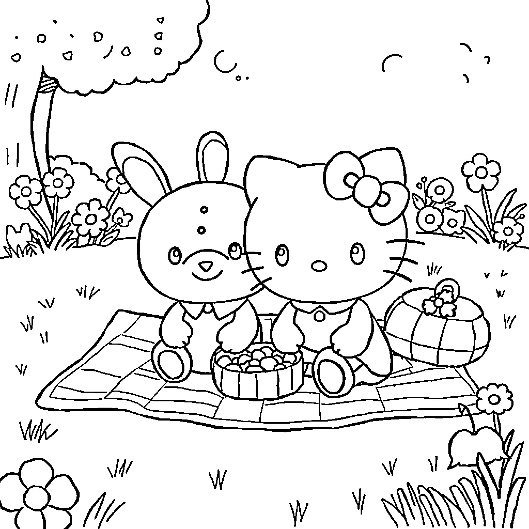 Hello Kitty and Bunny Enjoying a Picnic Coloring Page (free black-and-white line drawing printable PDF for all, from beginners to advanced learners, including children, teens, adults, and seniors)