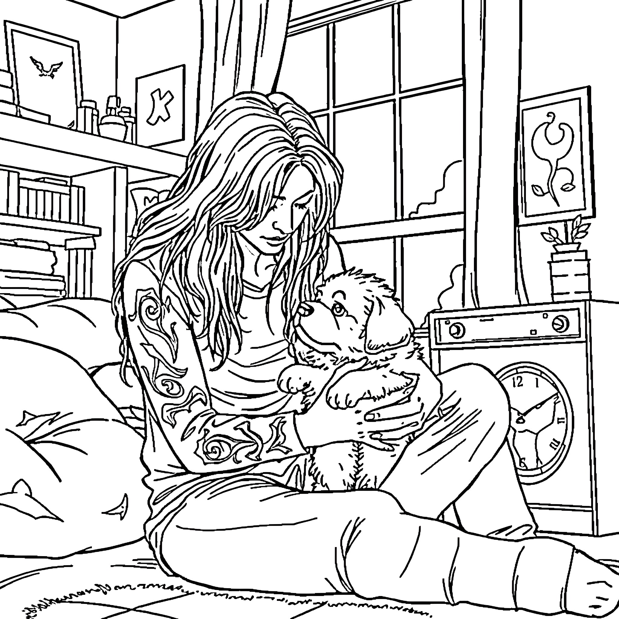 Puppy Cuddle Time in a Cozy Room Coloring Page (free black-and-white line drawing printable PDF for all, from beginners to advanced learners, including children, teens, adults, and seniors)