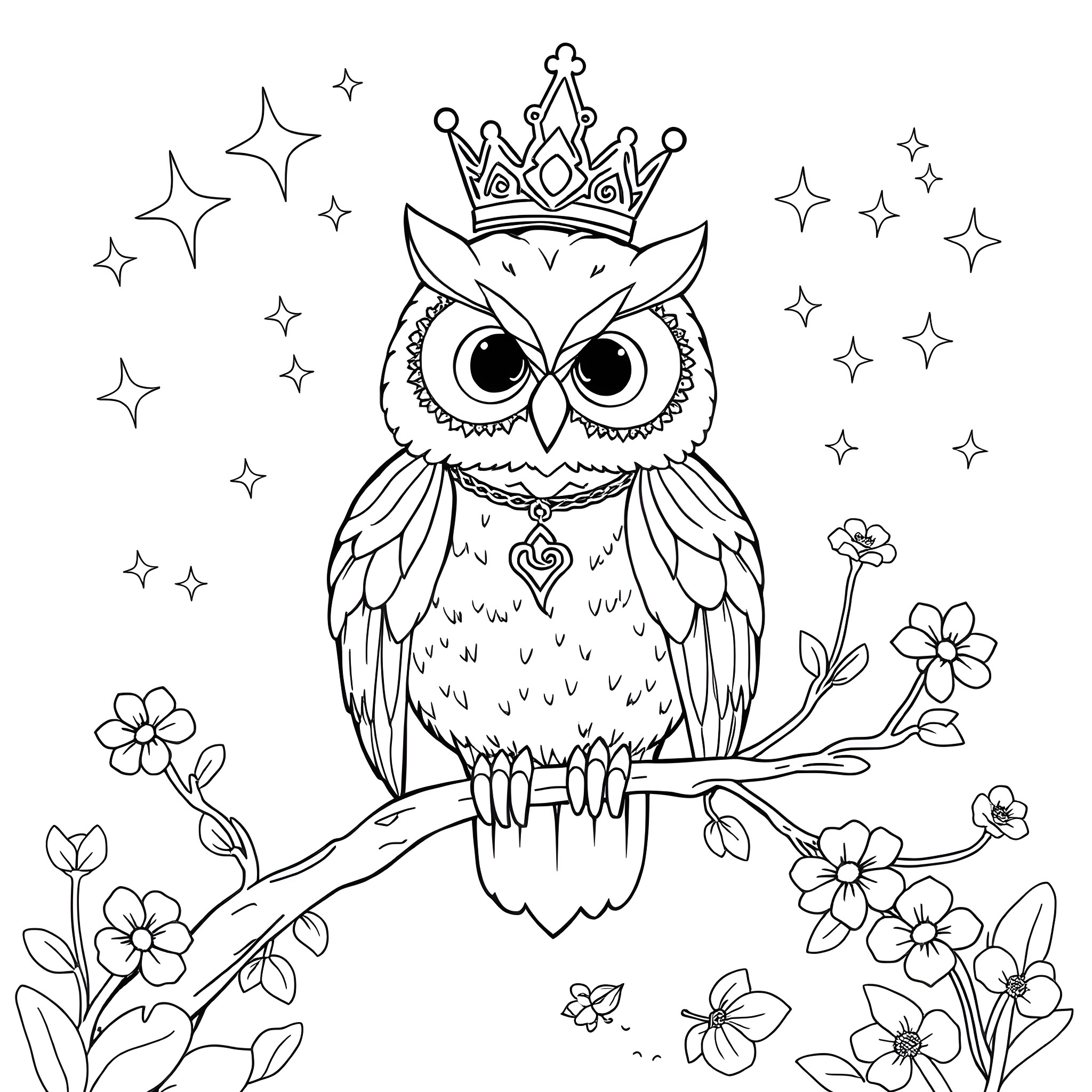 Owl in a crown surrounded by stars and flowers Coloring Page (free black-and-white line drawing printable PDF for all, from beginners to advanced learners, including children, teens, adults, and seniors)