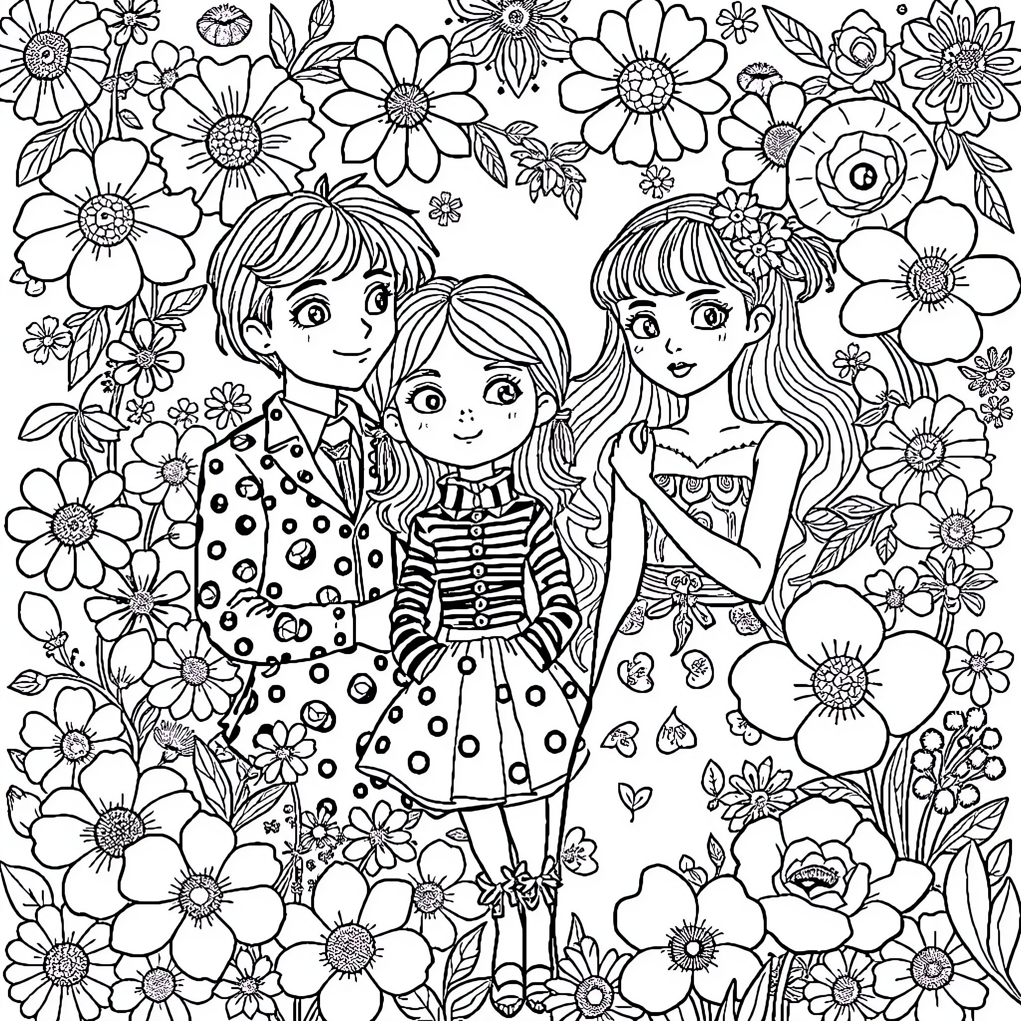 Will Explore the Floral Wonderland with Girls Coloring Page (free black-and-white line drawing printable PDF for all, from beginners to advanced learners, including children, teens, adults, and seniors)
