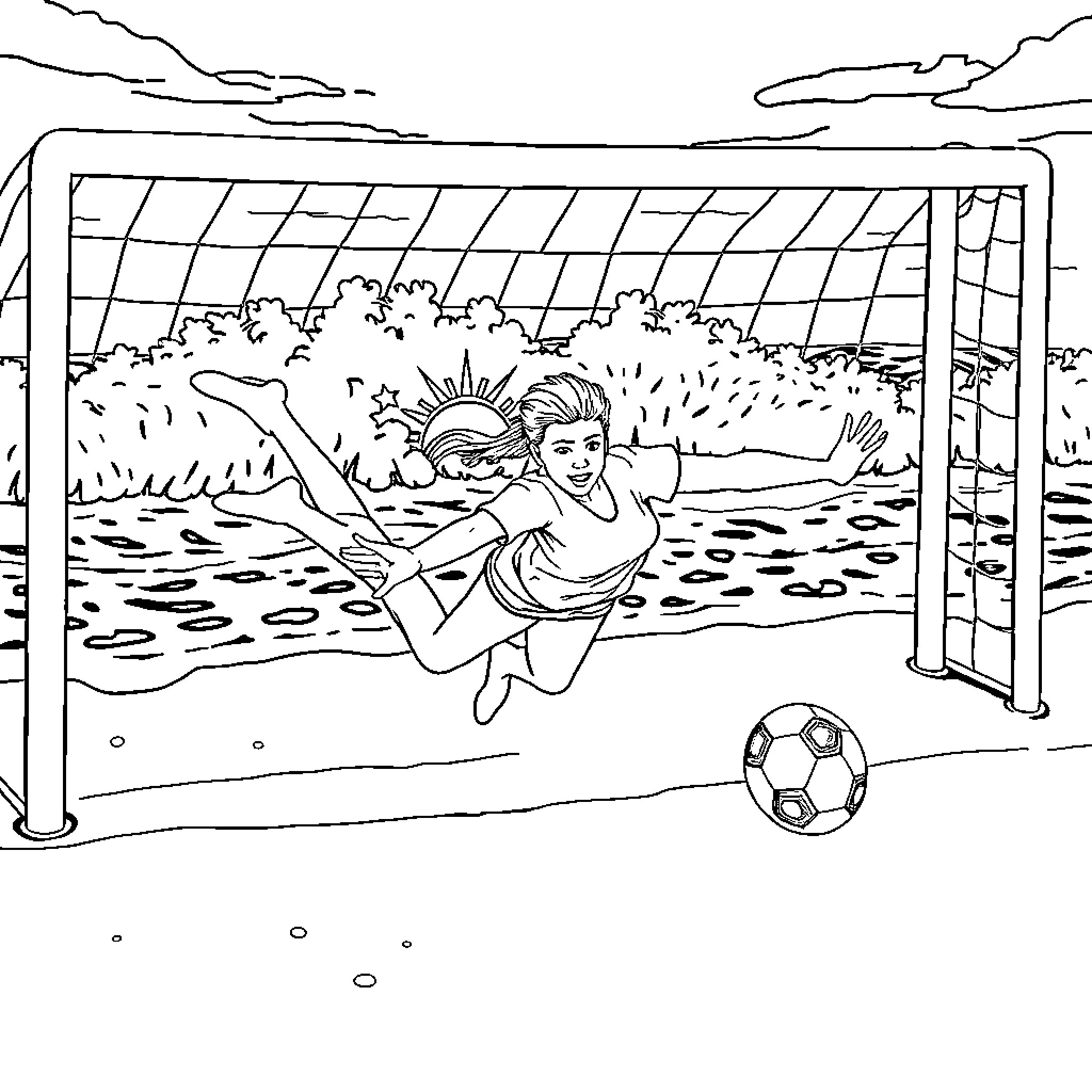 Goalie diving to block the ball Coloring Page (free black-and-white line drawing printable PDF for all, from beginners to advanced learners, including children, teens, adults, and seniors)