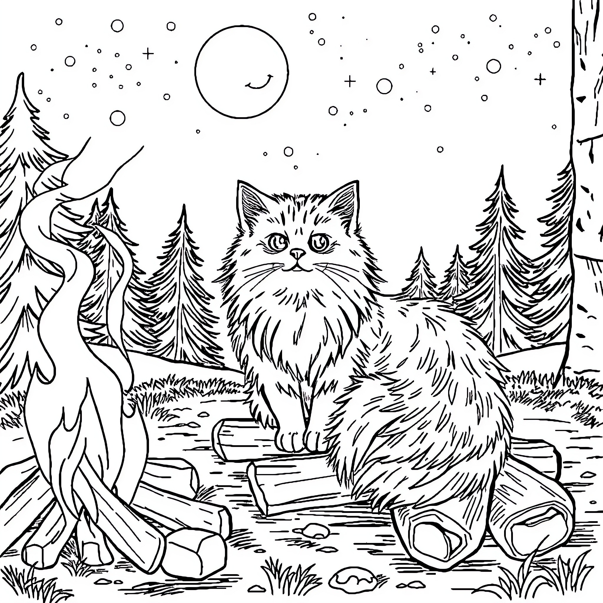 Cat exploring the snowy forest Coloring Page (free black-and-white line drawing printable PDF for all, from beginners to advanced learners, including children, teens, adults, and seniors)