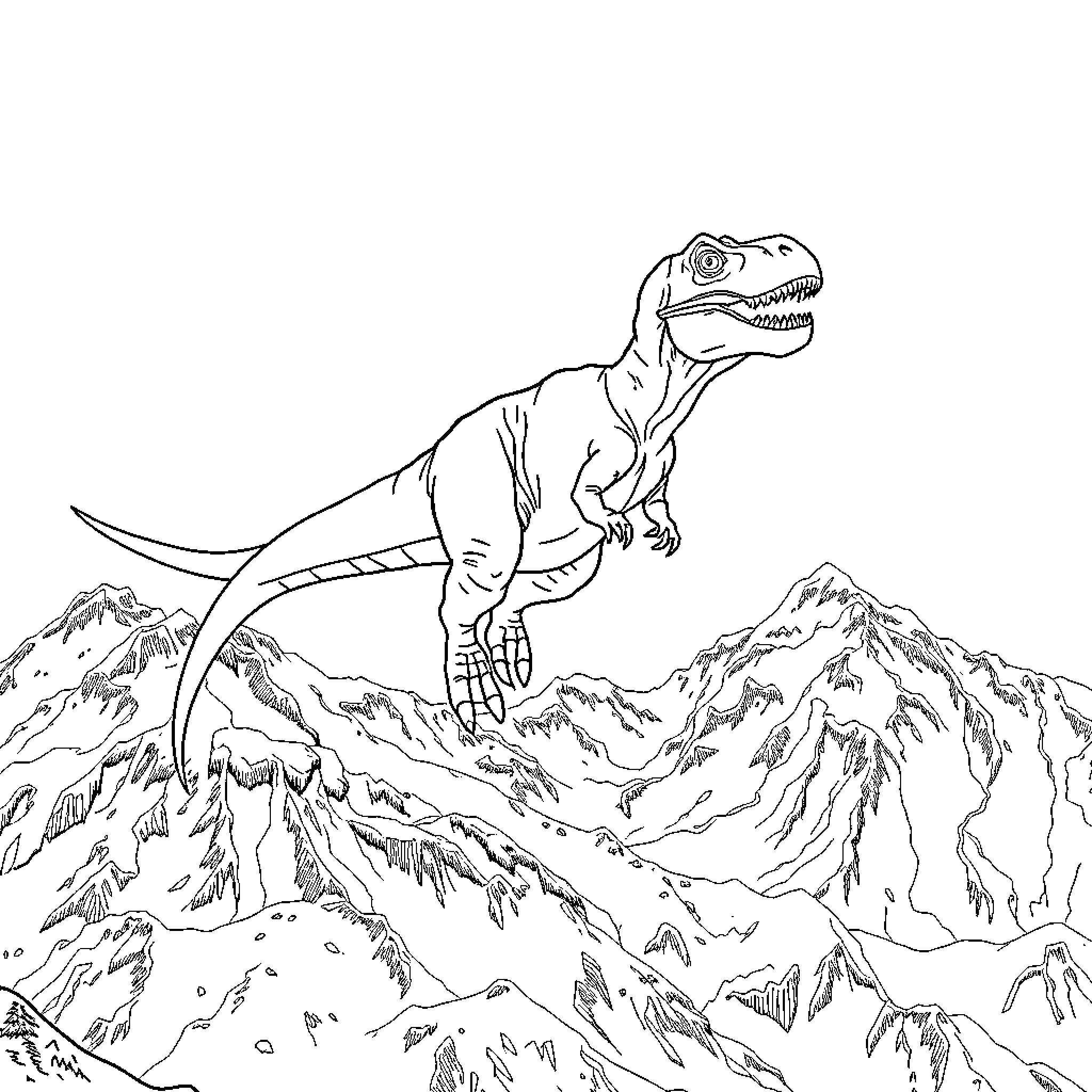 Dinosaur exploring majestic mountain landscape Coloring Page (free black-and-white line drawing printable PDF for all, from beginners to advanced learners, including children, teens, adults, and seniors)