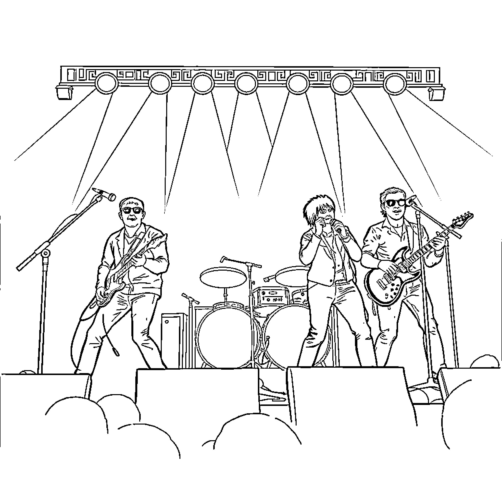 Front 242 Performing on Stage with Rock Band Coloring Page (free black-and-white line drawing printable PDF for all, from beginners to advanced learners, including children, teens, adults, and seniors)