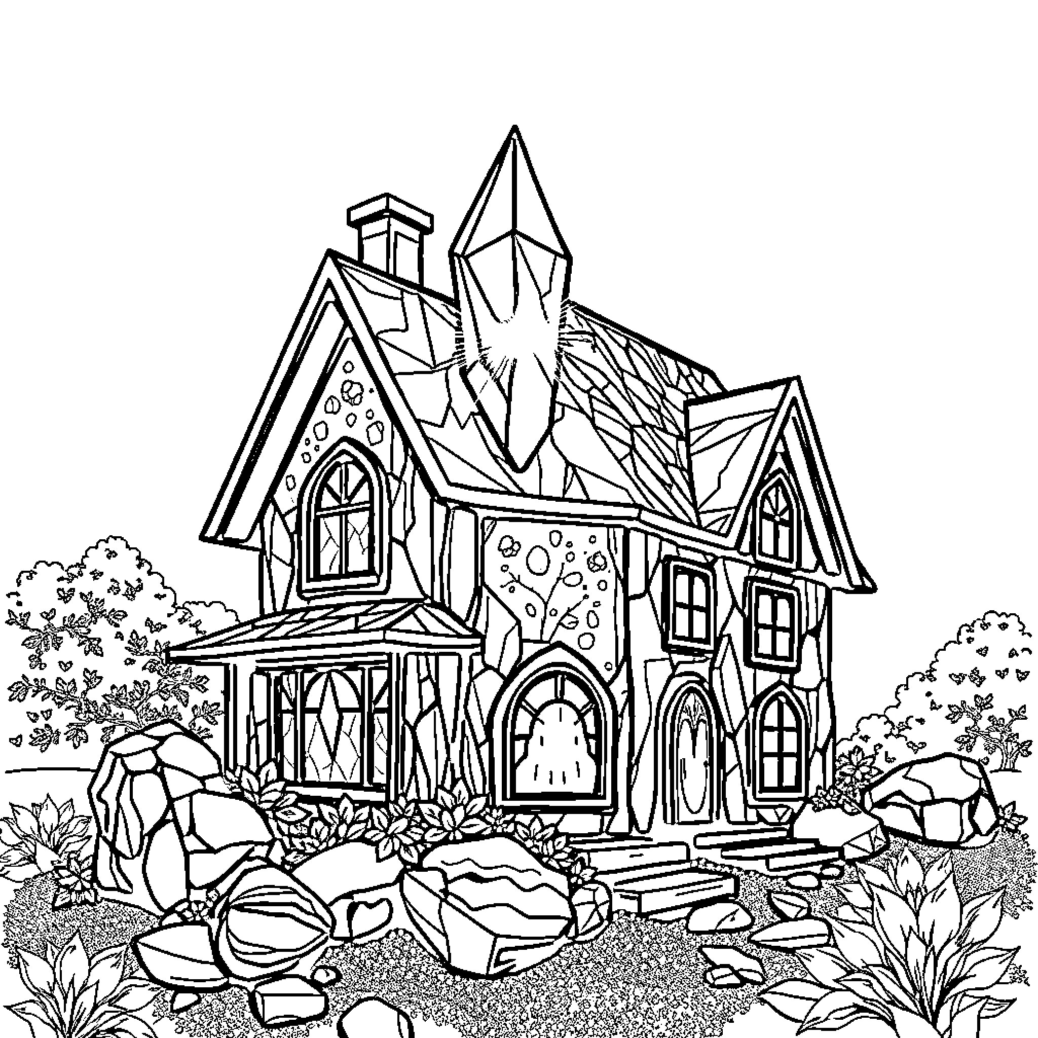 House with Ornate Architecture and Landscaping Coloring Page (free black-and-white line drawing printable PDF for all, from beginners to advanced learners, including children, teens, adults, and seniors)
