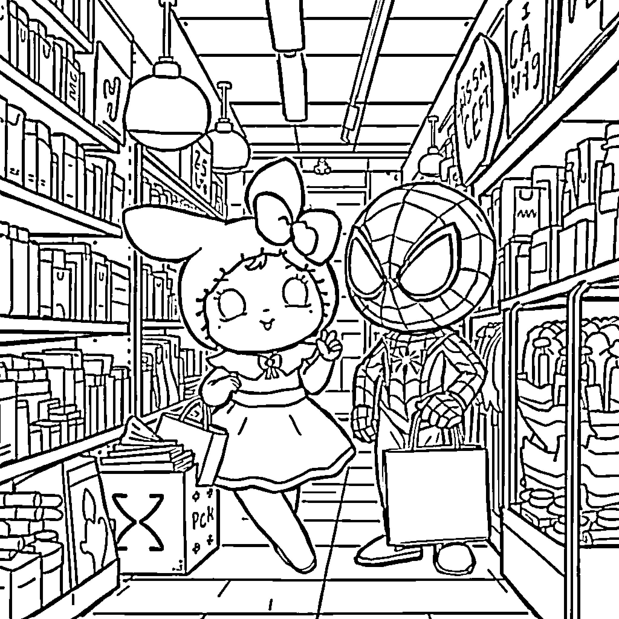 My Melody in a Whimsical Library Adventure Coloring Page (free black-and-white line drawing printable PDF for all, from beginners to advanced learners, including children, teens, adults, and seniors)