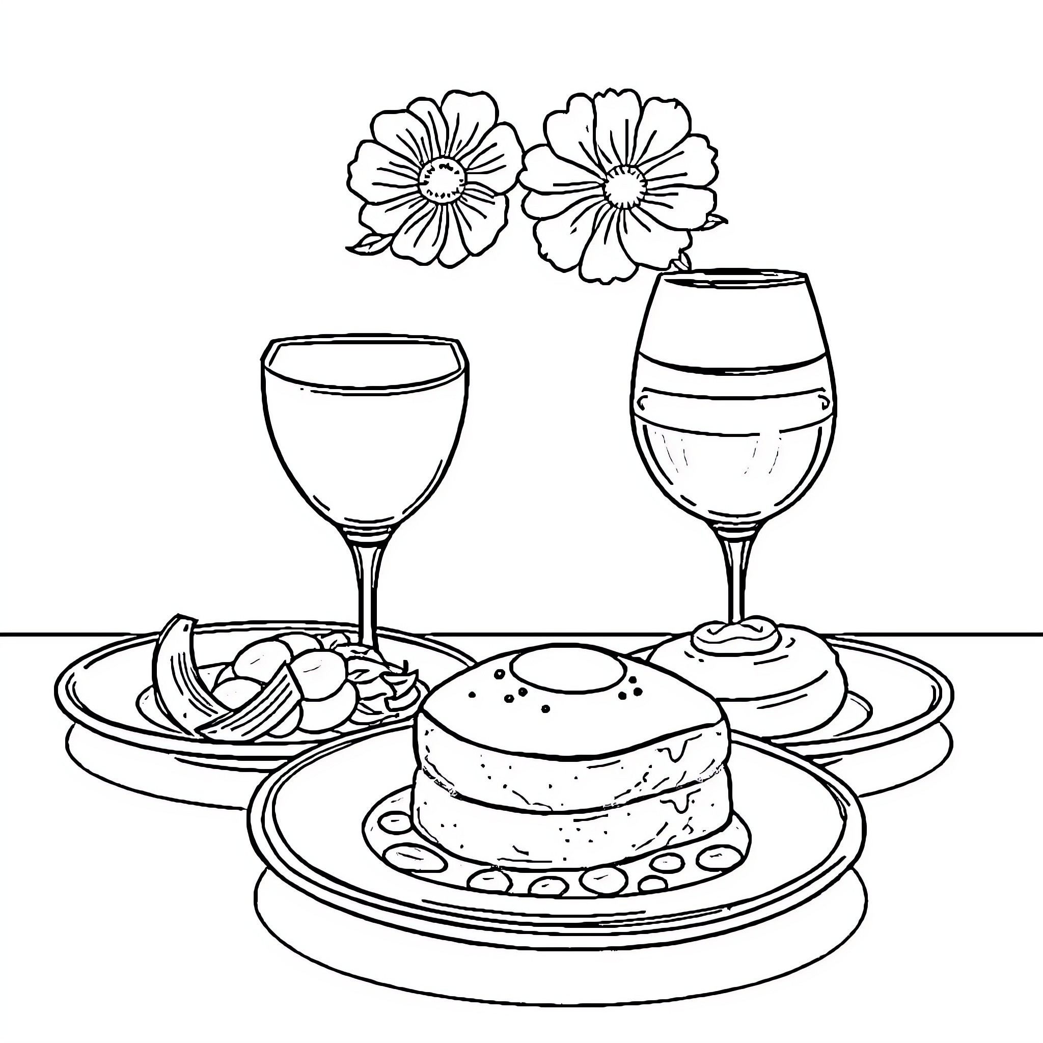 Food served on plates with flowers Coloring Page (free black-and-white line drawing printable PDF for all, from beginners to advanced learners, including children, teens, adults, and seniors)