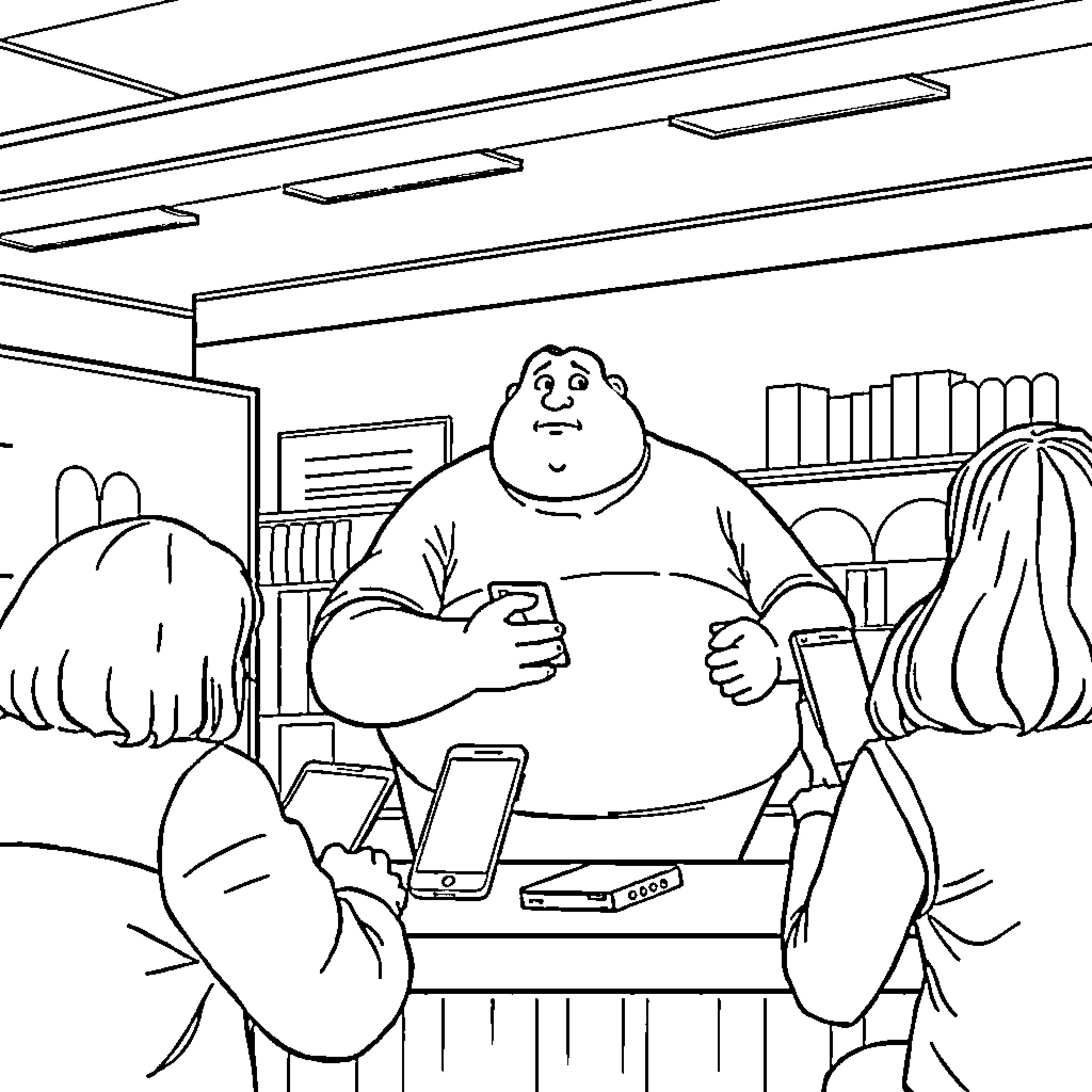 Man sitting on couch using mobile device Coloring Page (free black-and-white line drawing printable PDF for all, from beginners to advanced learners, including children, teens, adults, and seniors)