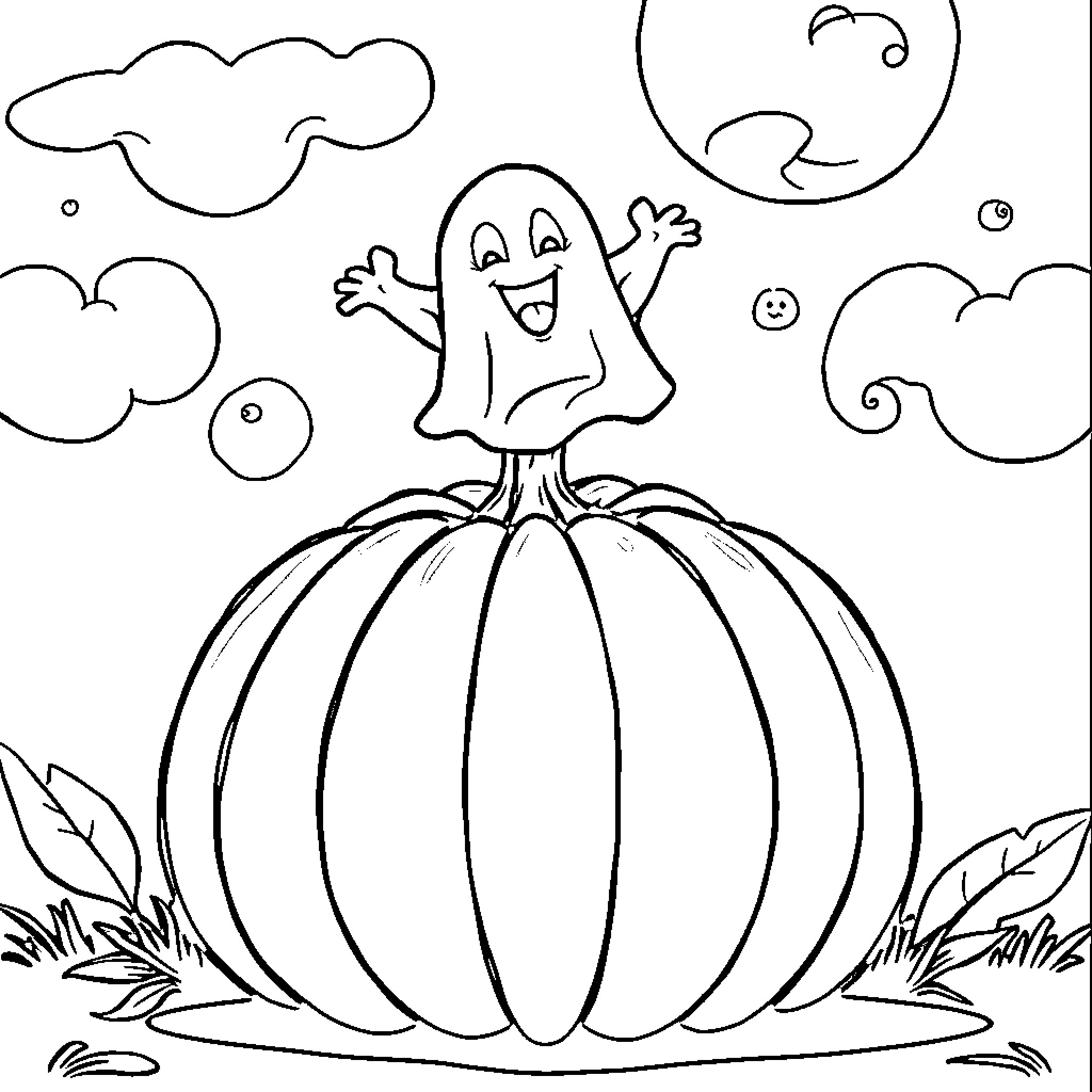 Pumpkin patch with playful ghost Coloring Page (free black-and-white line drawing printable PDF for all, from beginners to advanced learners, including children, teens, adults, and seniors)