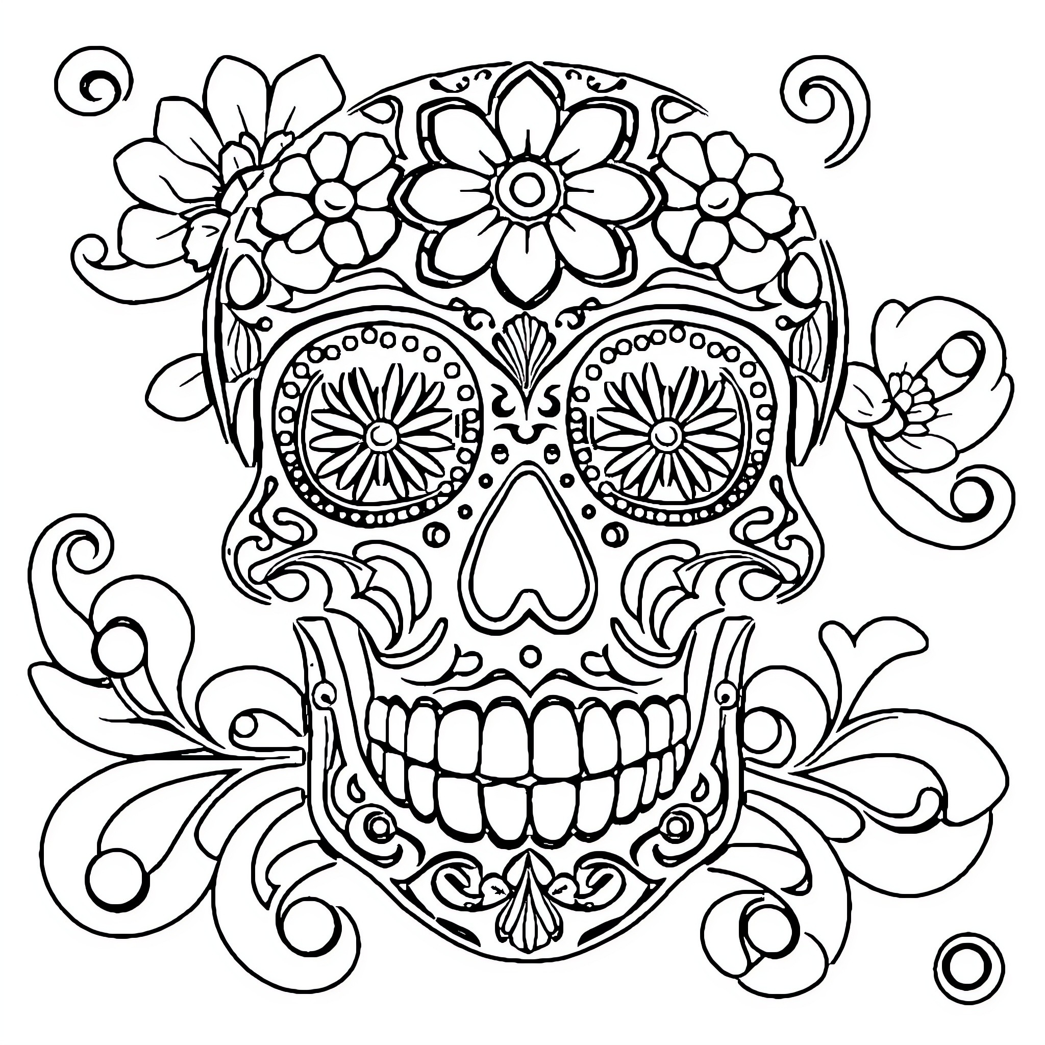 Sugar Skull with Ornate Floral Designs Coloring Page (free black-and-white line drawing printable PDF for all, from beginners to advanced learners, including children, teens, adults, and seniors)
