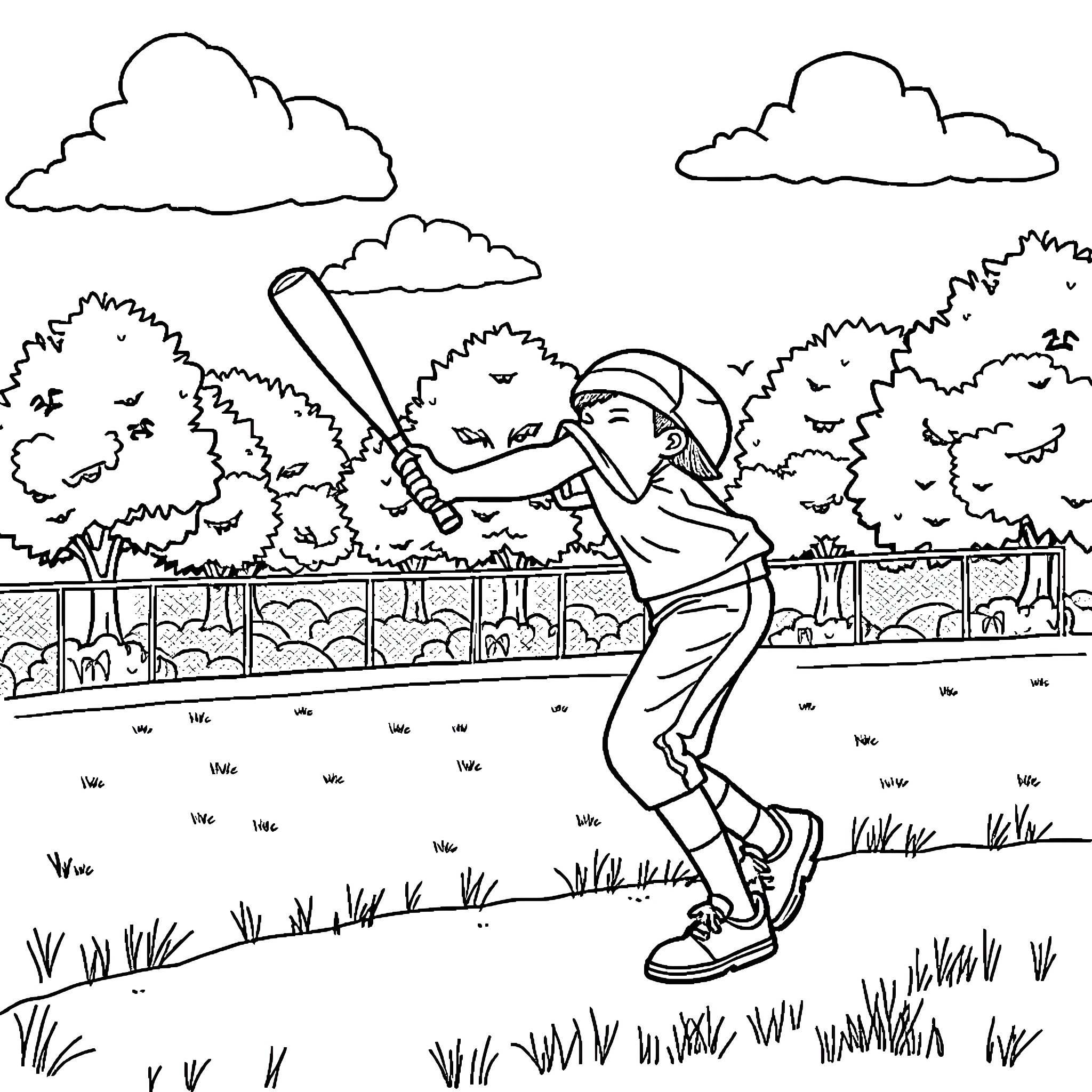 Boy playing baseball in the park Coloring Page (free black-and-white line drawing printable PDF for all, from beginners to advanced learners, including children, teens, adults, and seniors)