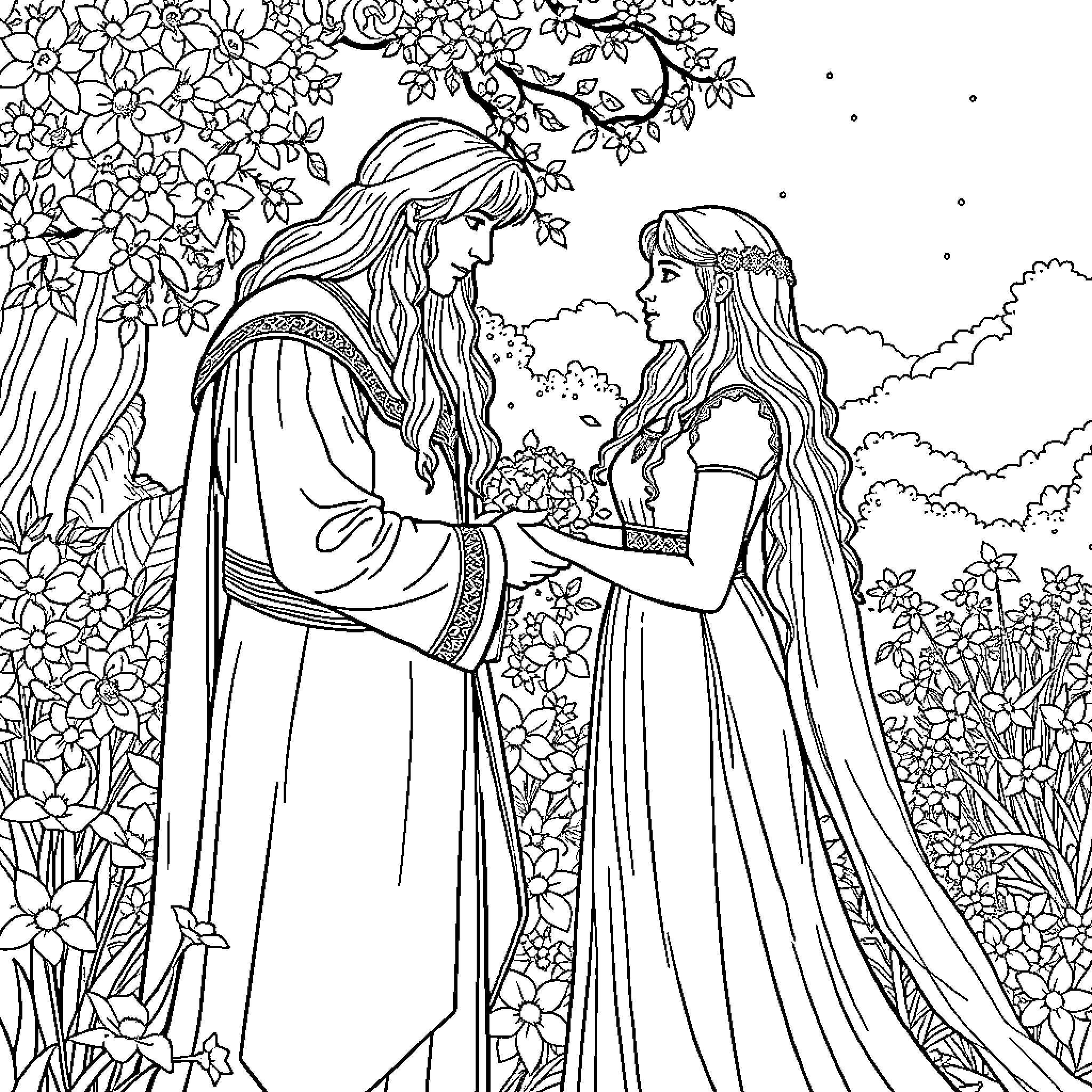 Eowyn and Arwen's encounter in the floral meadow Coloring Page (free black-and-white line drawing printable PDF for all, from beginners to advanced learners, including children, teens, adults, and seniors)