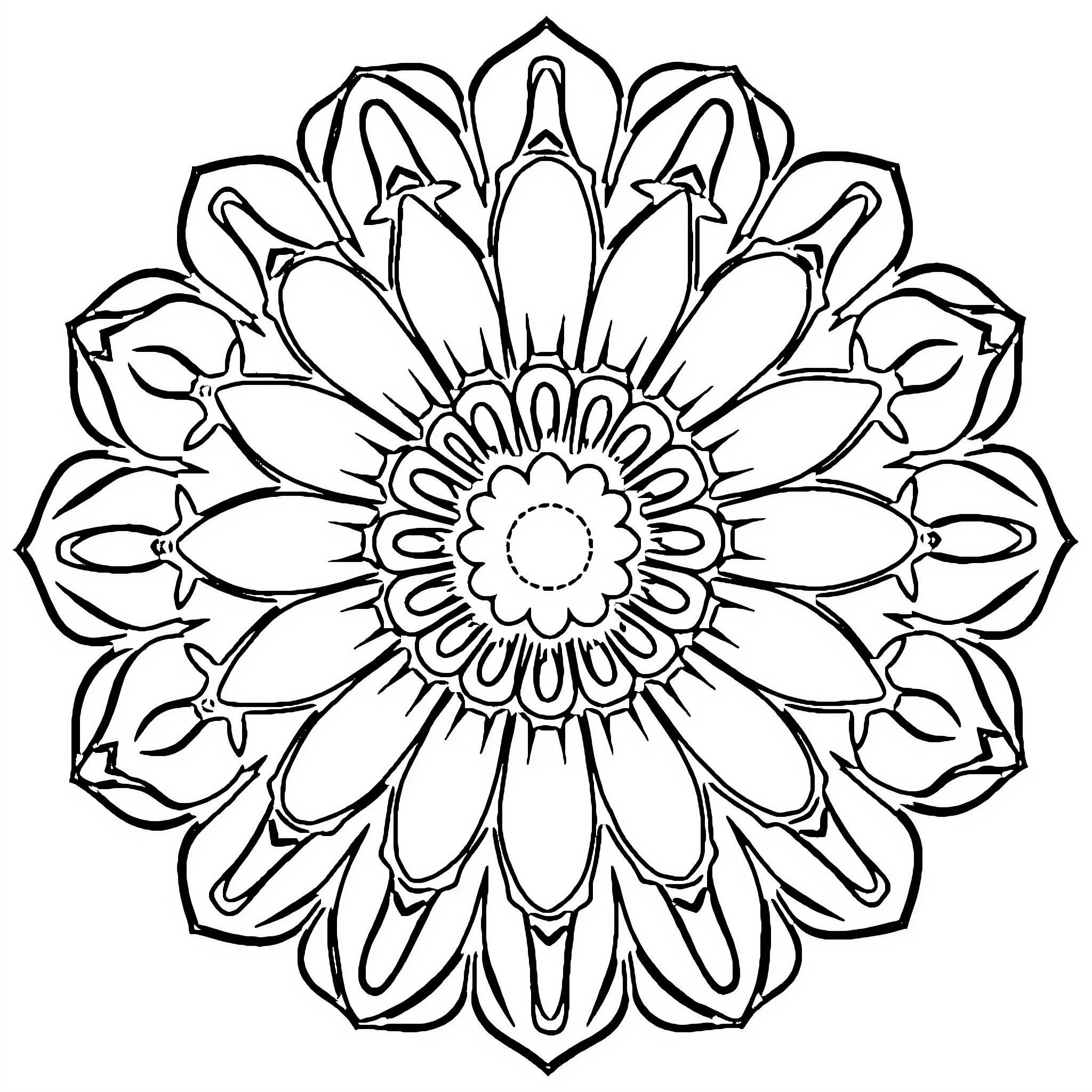 Flower mandala with intricate design Coloring Page (free black-and-white line drawing printable PDF for all, from beginners to advanced learners, including children, teens, adults, and seniors)