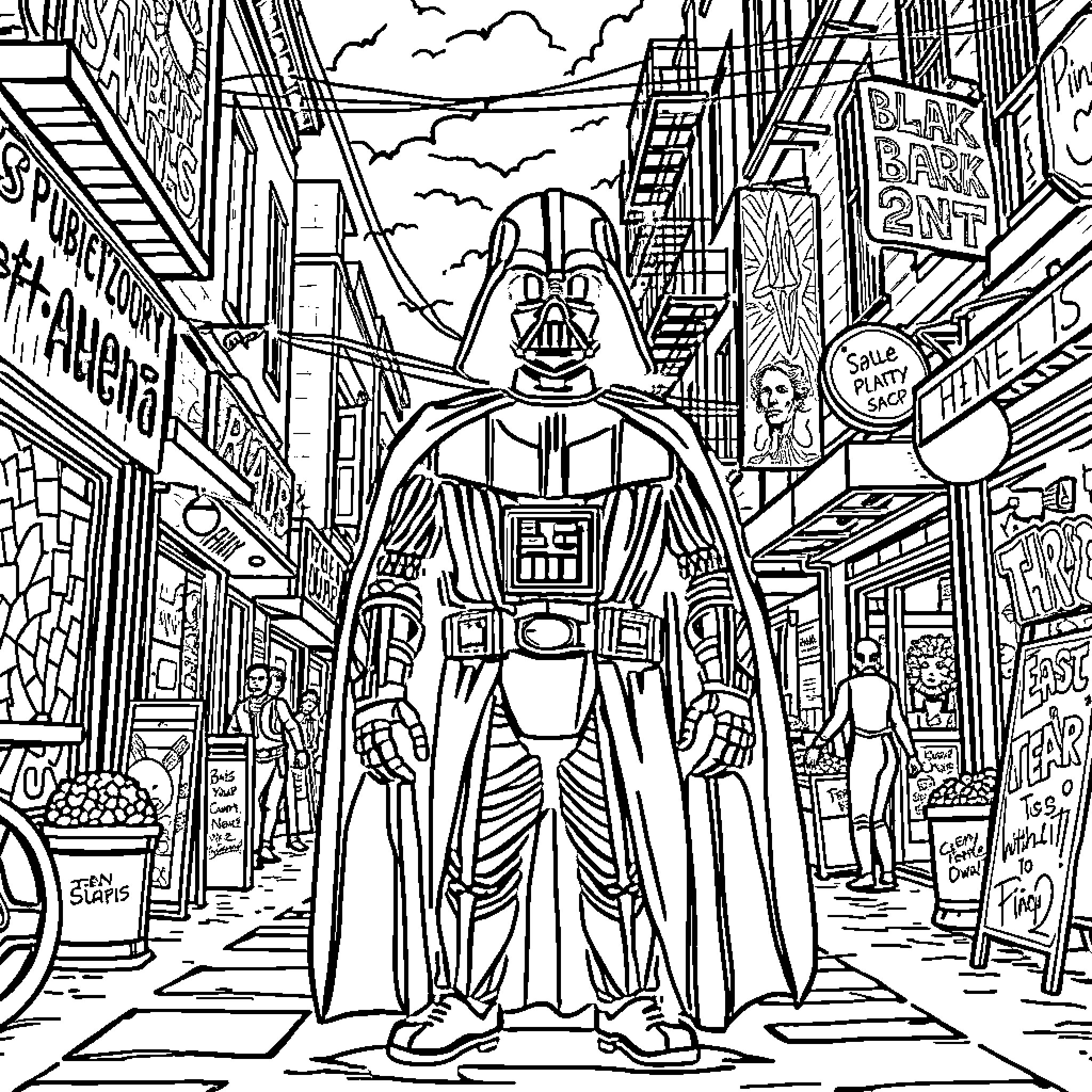 Darth Vader Commanding Presence in Bustling City Street Coloring Page (free black-and-white line drawing printable PDF for all, from beginners to advanced learners, including children, teens, adults, and seniors)