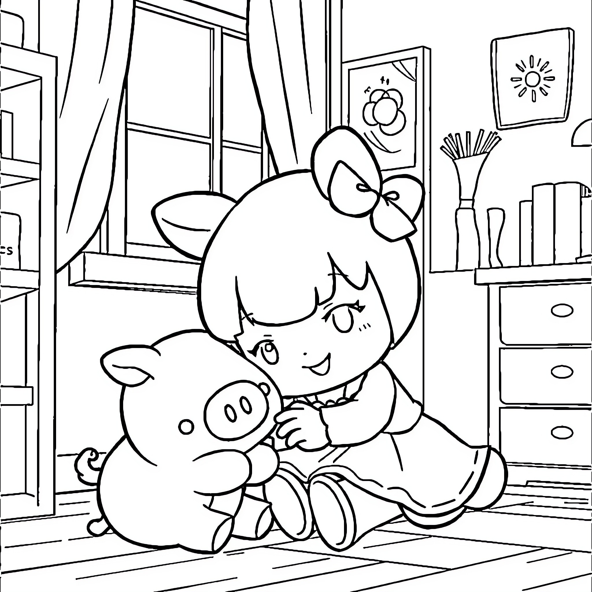 Kuromi playing with a plush toy in her room Coloring Page (free black-and-white line drawing printable PDF for all, from beginners to advanced learners, including children, teens, adults, and seniors)