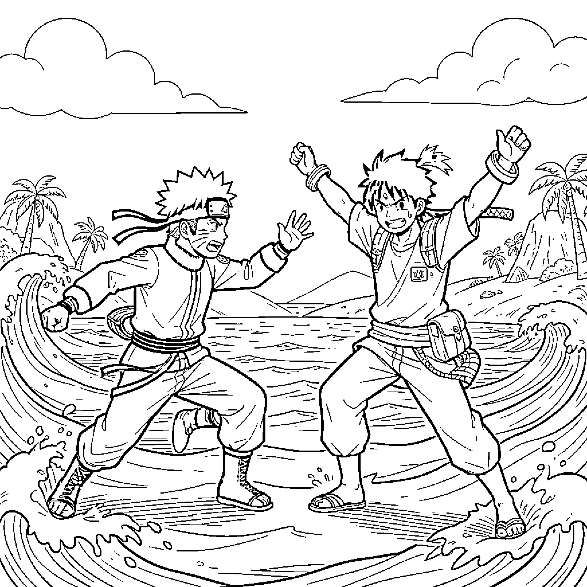 Naruto characters in energetic action on the beach Coloring Page (free black-and-white line drawing printable PDF for all, from beginners to advanced learners, including children, teens, adults, and seniors)