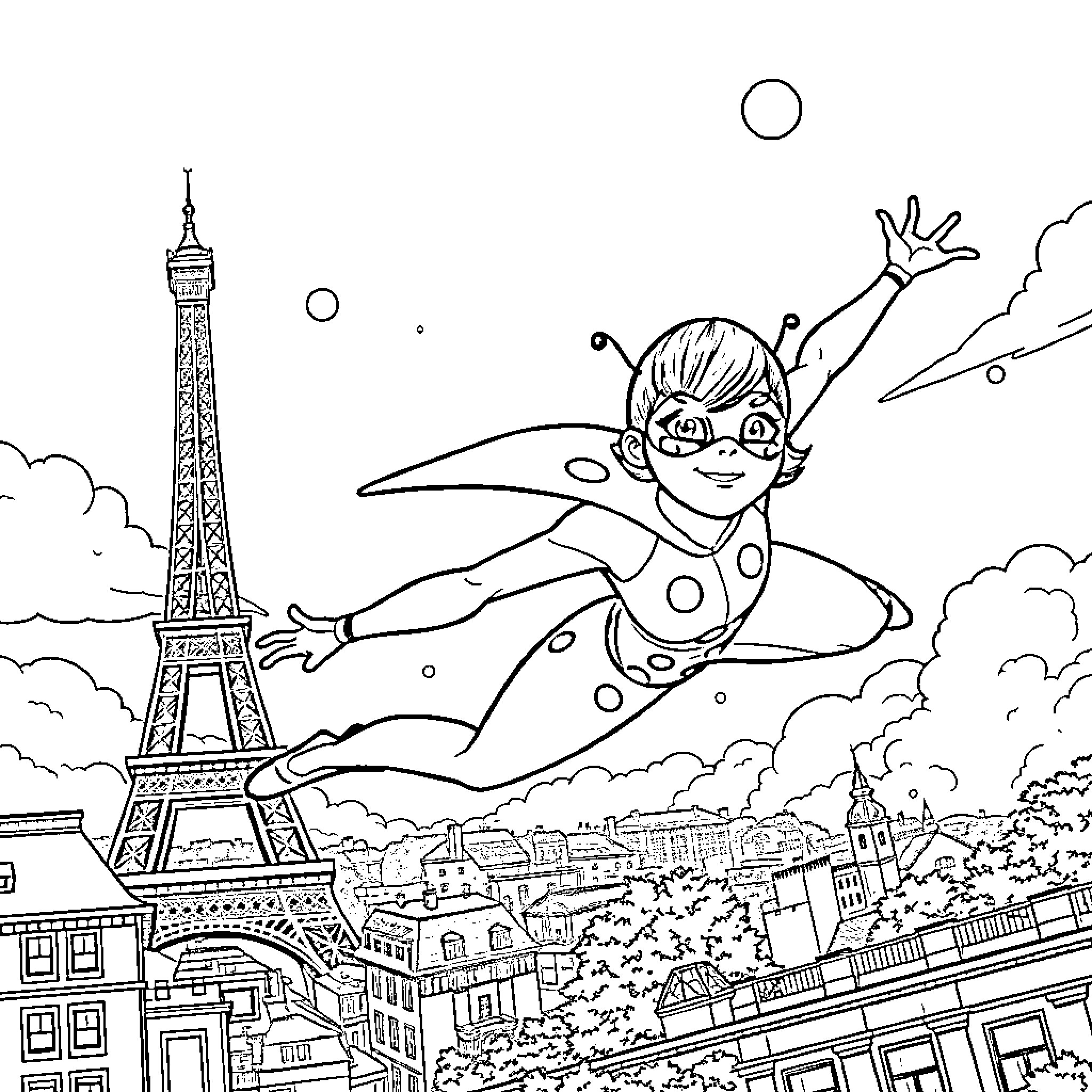 Ladybug hero soaring over the Eiffel Tower Coloring Page (free black-and-white line drawing printable PDF for all, from beginners to advanced learners, including children, teens, adults, and seniors)