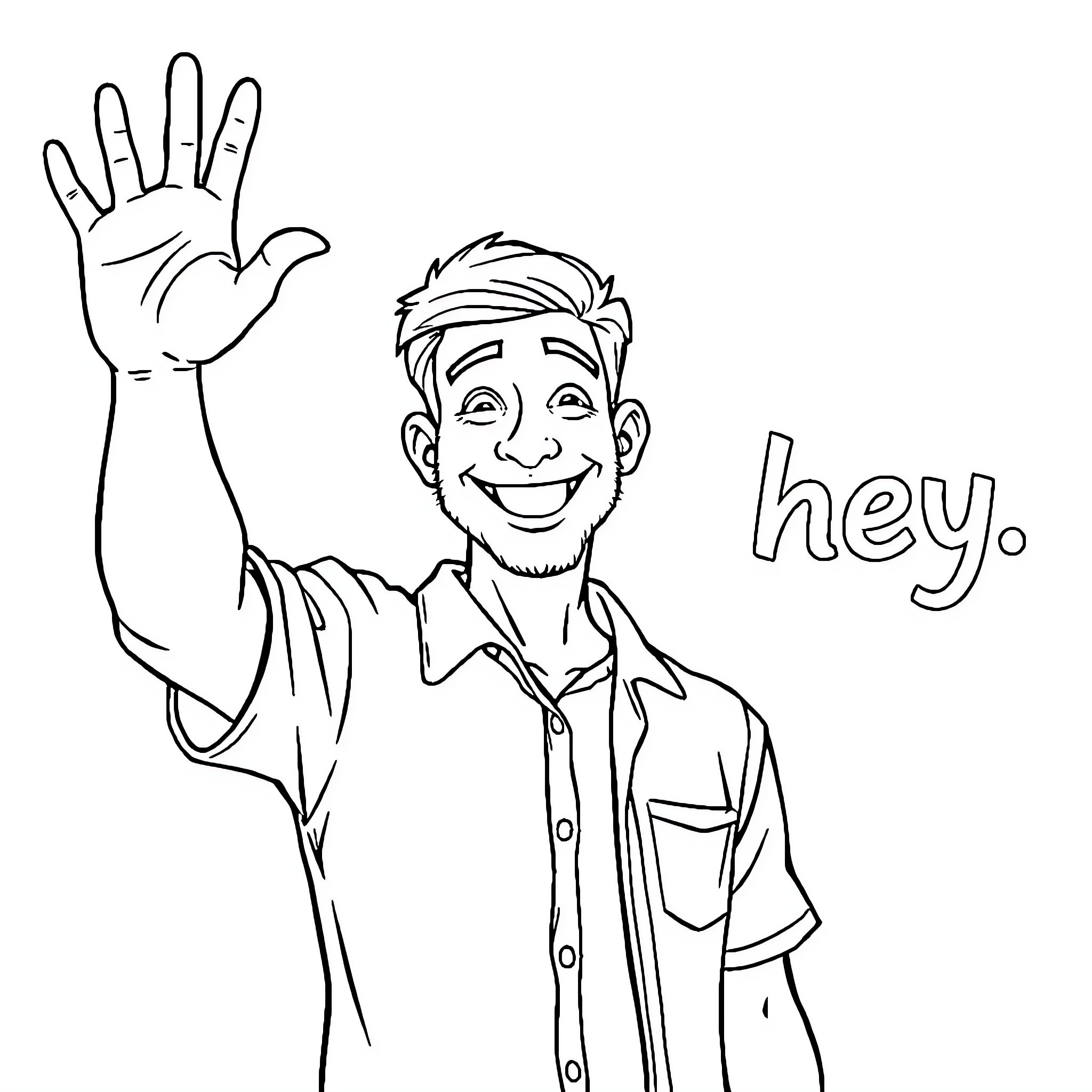 Guy waving and saying 'hey' Coloring Page (free black-and-white line drawing printable PDF for all, from beginners to advanced learners, including children, teens, adults, and seniors)