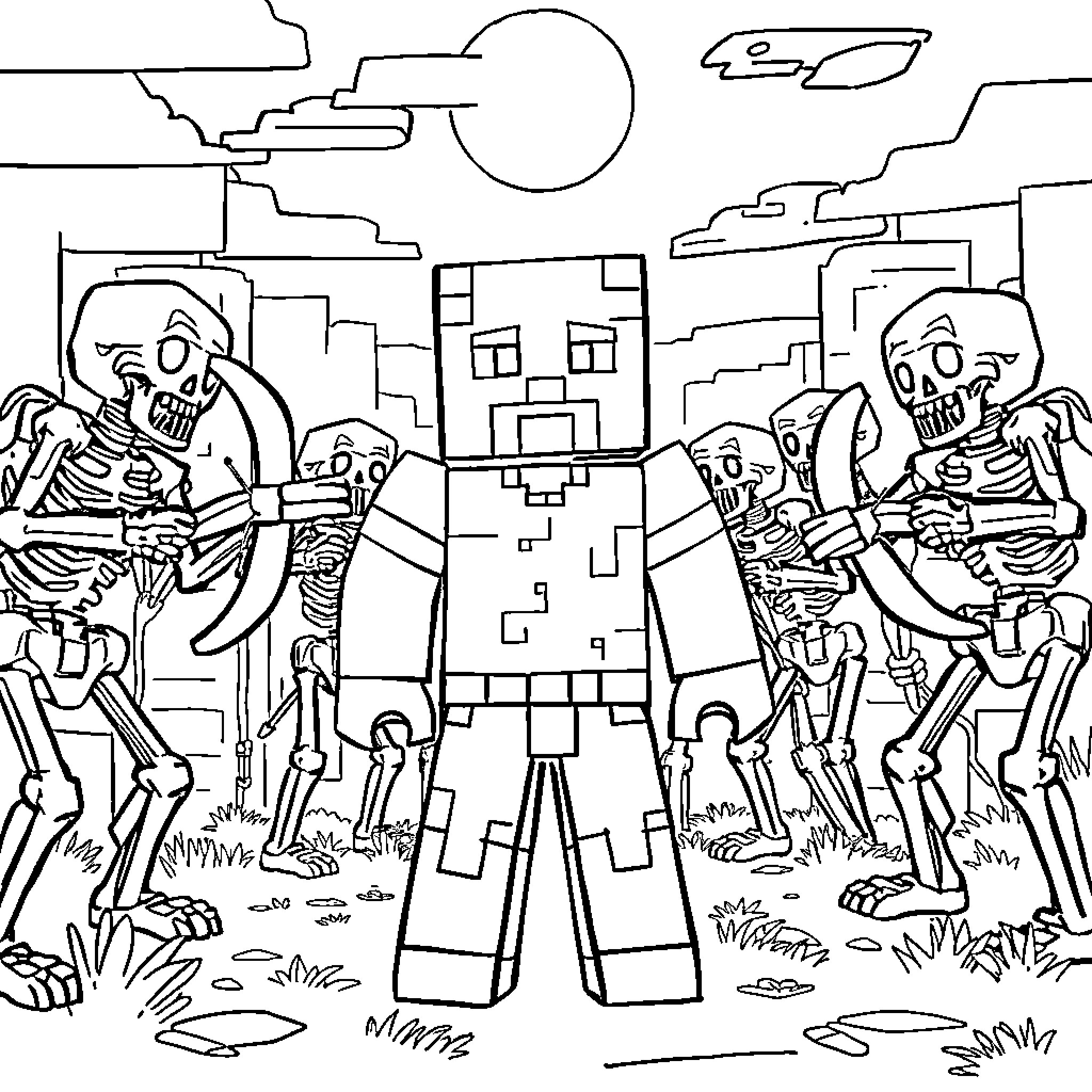 Steve encounters the undead in the Minecraft world Coloring Page (free black-and-white line drawing printable PDF for all, from beginners to advanced learners, including children, teens, adults, and seniors)