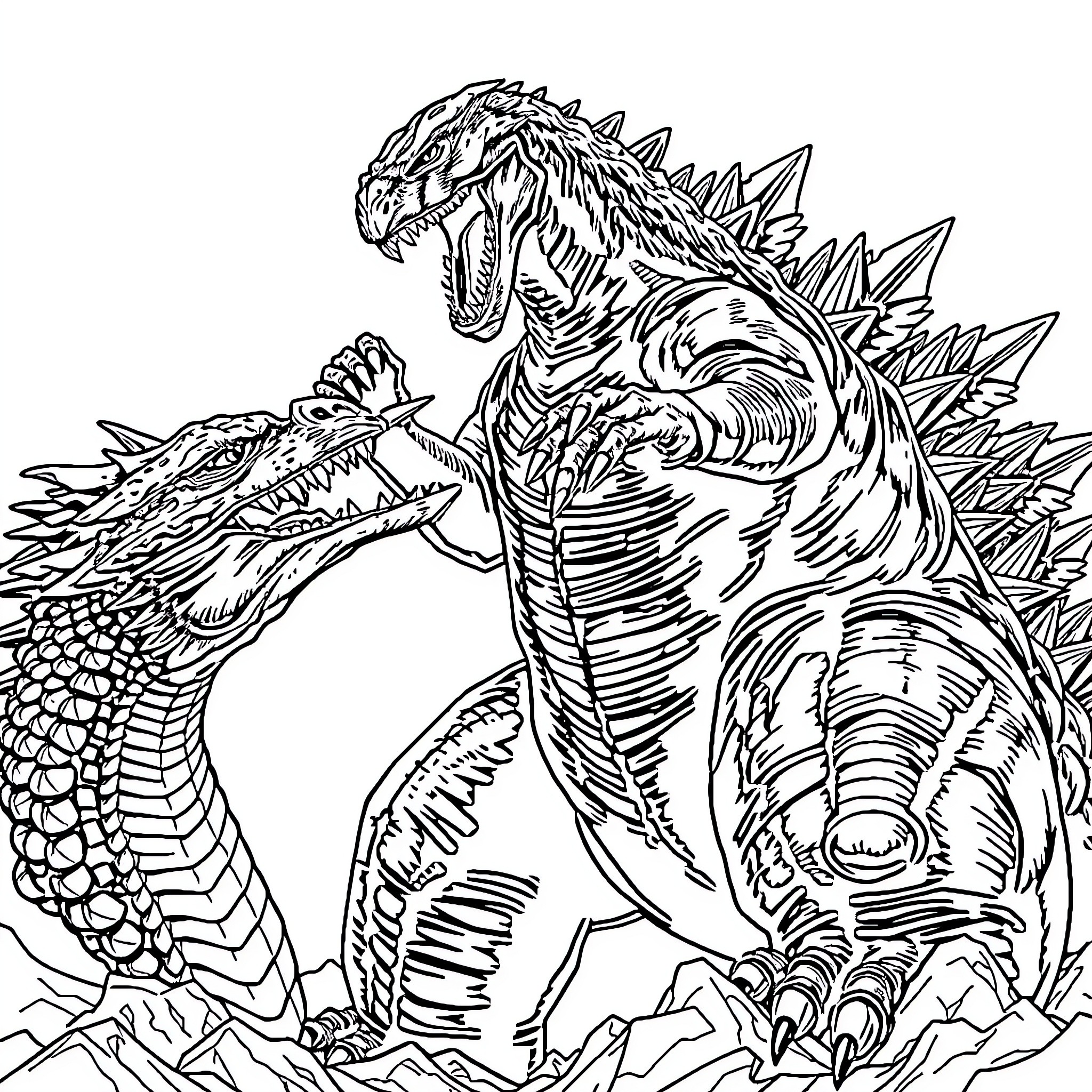 Godzilla battling a fierce dragon Coloring Page (free black-and-white line drawing printable PDF for all, from beginners to advanced learners, including children, teens, adults, and seniors)