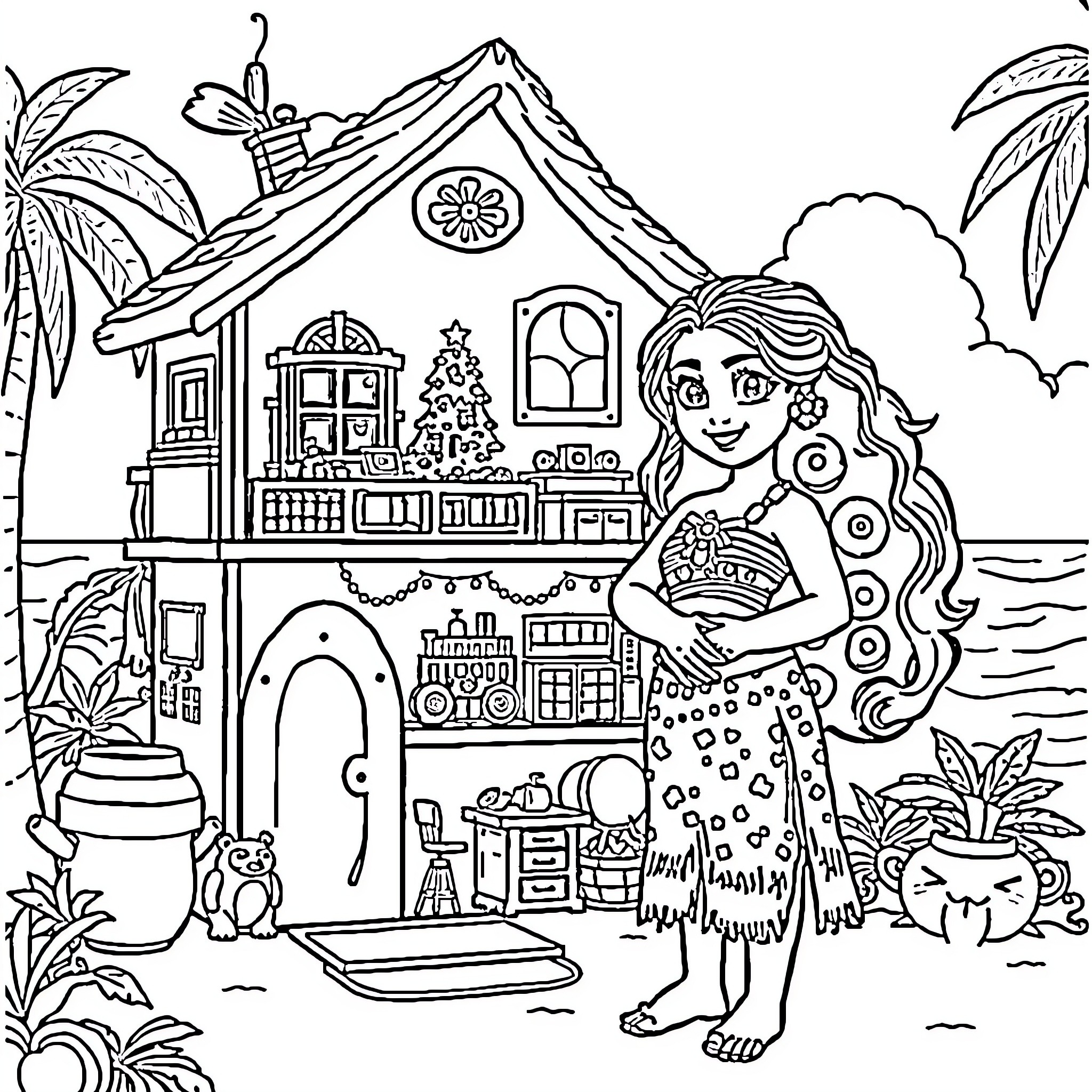 Moana exploring a tropical island village Coloring Page (free black-and-white line drawing printable PDF for all, from beginners to advanced learners, including children, teens, adults, and seniors)