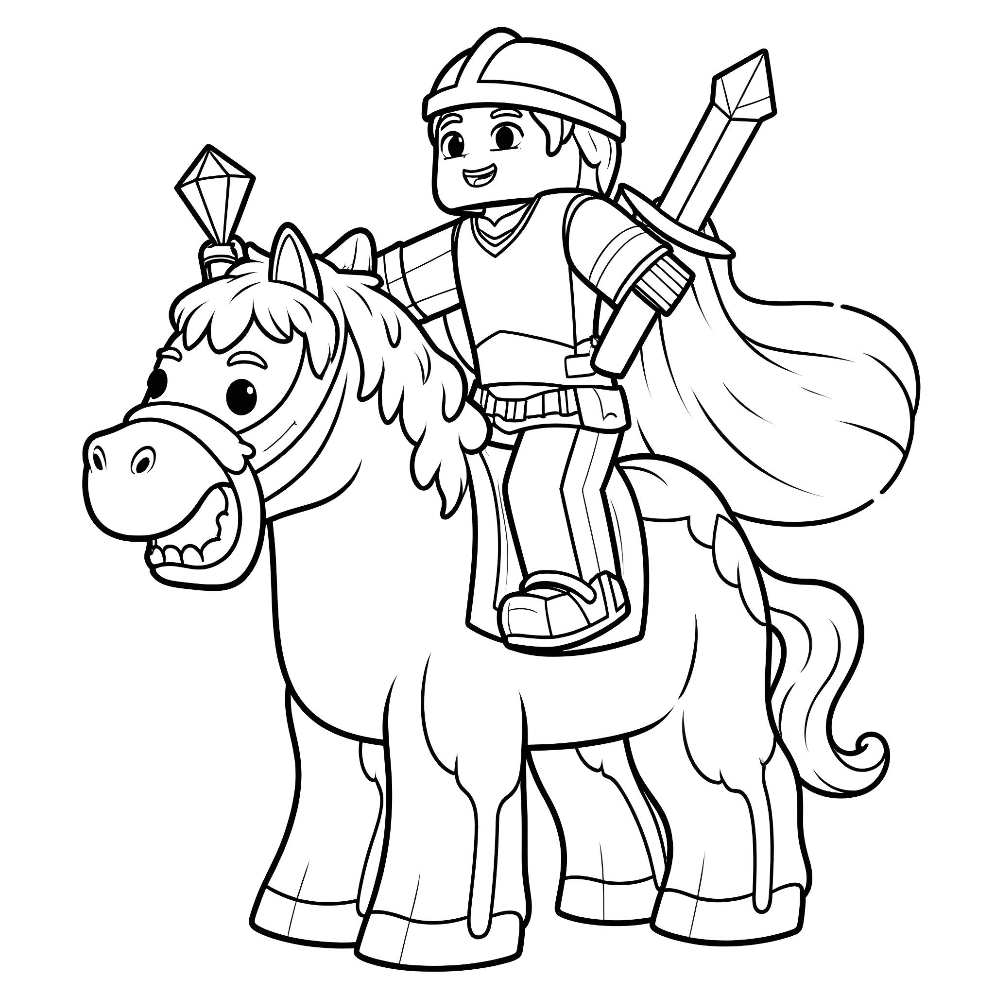 Steve's Adventurous Ride on a Trusty Steed Coloring Page (free black-and-white line drawing printable PDF for all, from beginners to advanced learners, including children, teens, adults, and seniors)