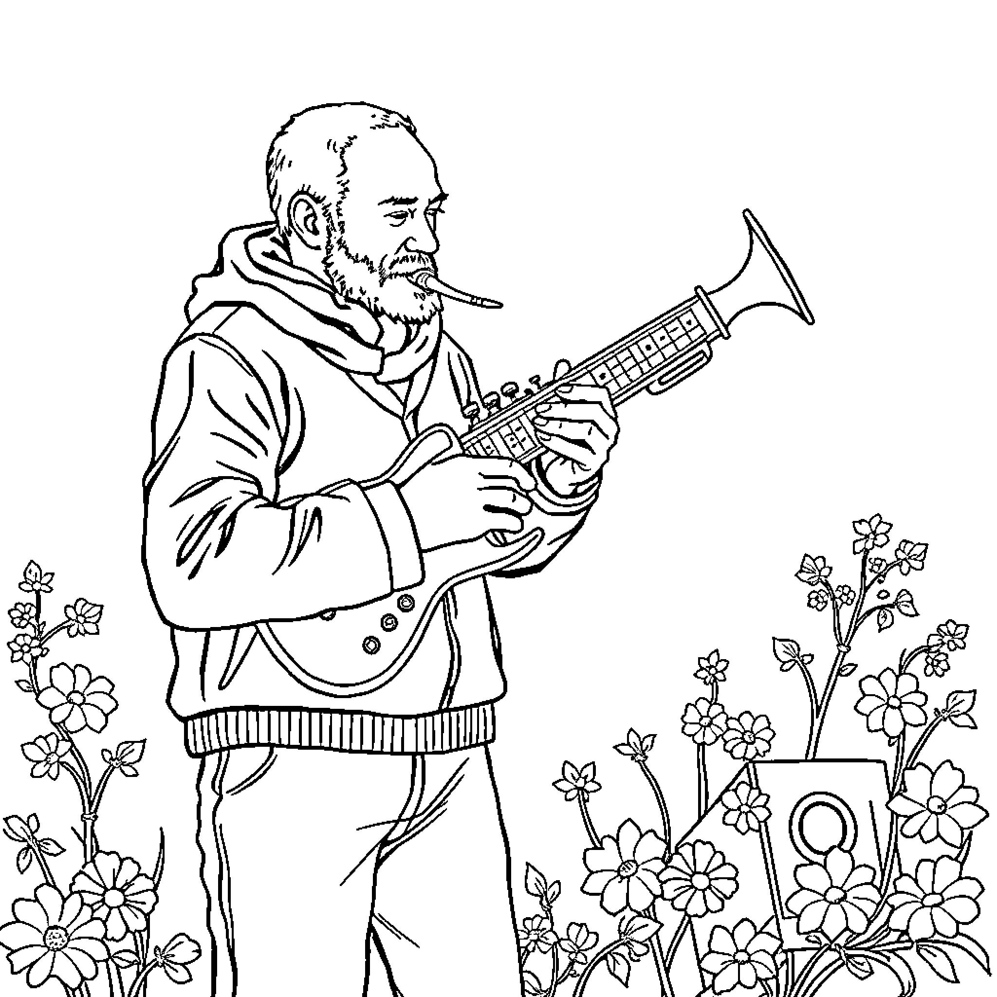 Gramophone player performing in a flower garden Coloring Page (free black-and-white line drawing printable PDF for all, from beginners to advanced learners, including children, teens, adults, and seniors)