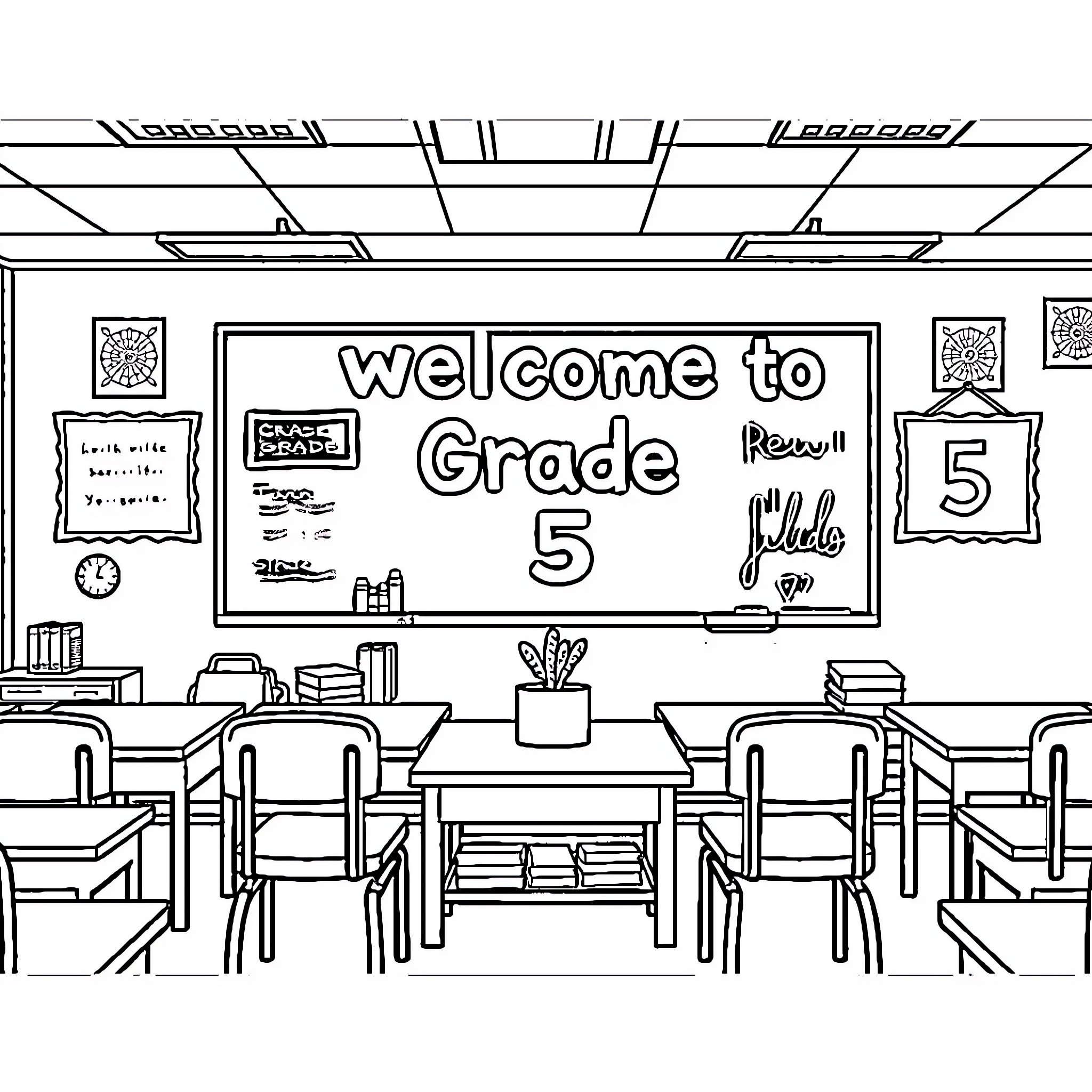 Grade 5 classroom welcomes students with bulletin board Coloring Page (free black-and-white line drawing printable PDF for all, from beginners to advanced learners, including children, teens, adults, and seniors)
