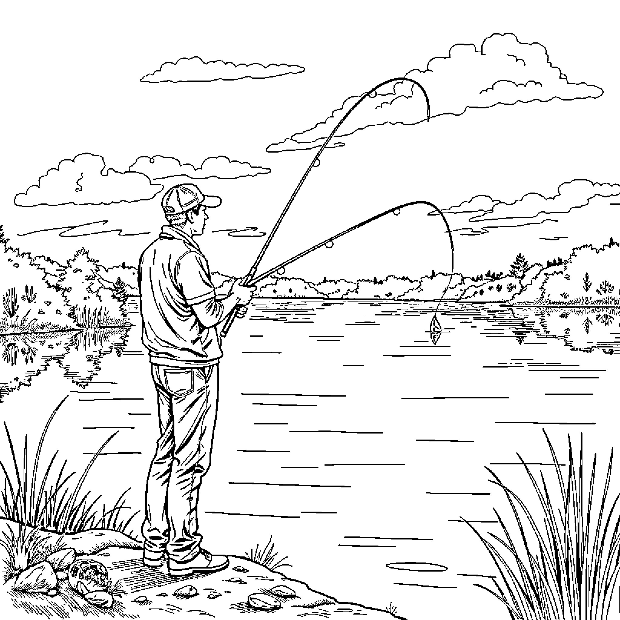 Husband fishing on a serene lake Coloring Page (free black-and-white line drawing printable PDF for all, from beginners to advanced learners, including children, teens, adults, and seniors)