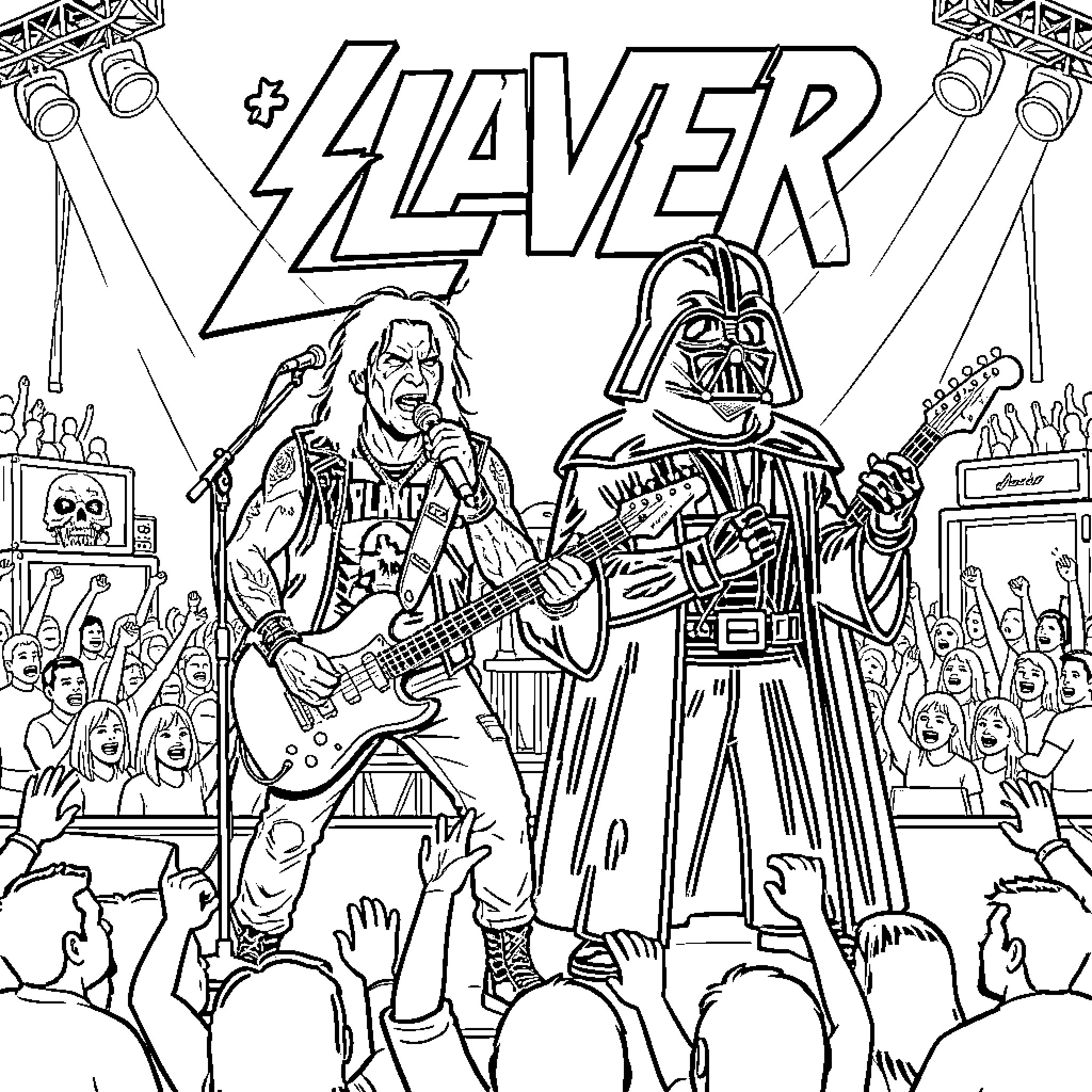 Tom Araya performing on stage with a guitarist Coloring Page (free black-and-white line drawing printable PDF for all, from beginners to advanced learners, including children, teens, adults, and seniors)