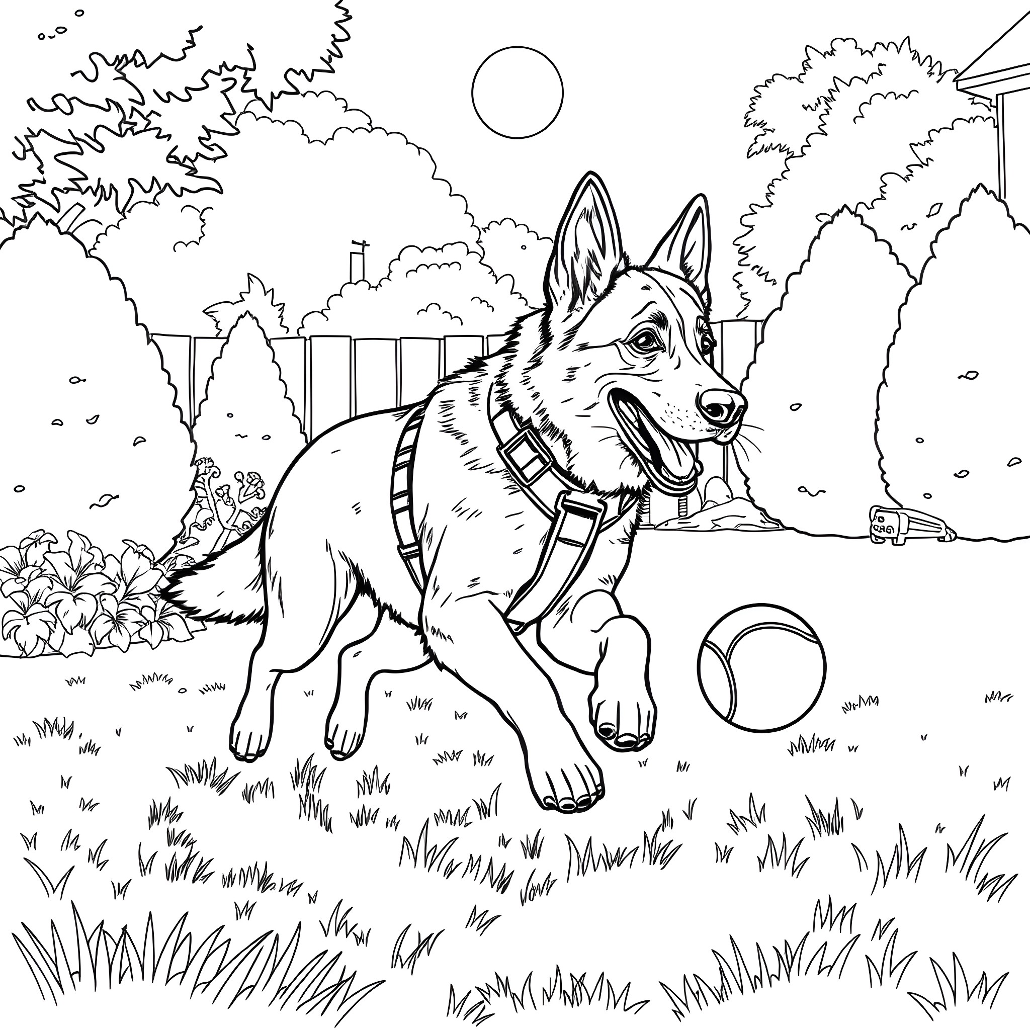 German Shepherd playing joyfully in the park Coloring Page (free black-and-white line drawing printable PDF for all, from beginners to advanced learners, including children, teens, adults, and seniors)