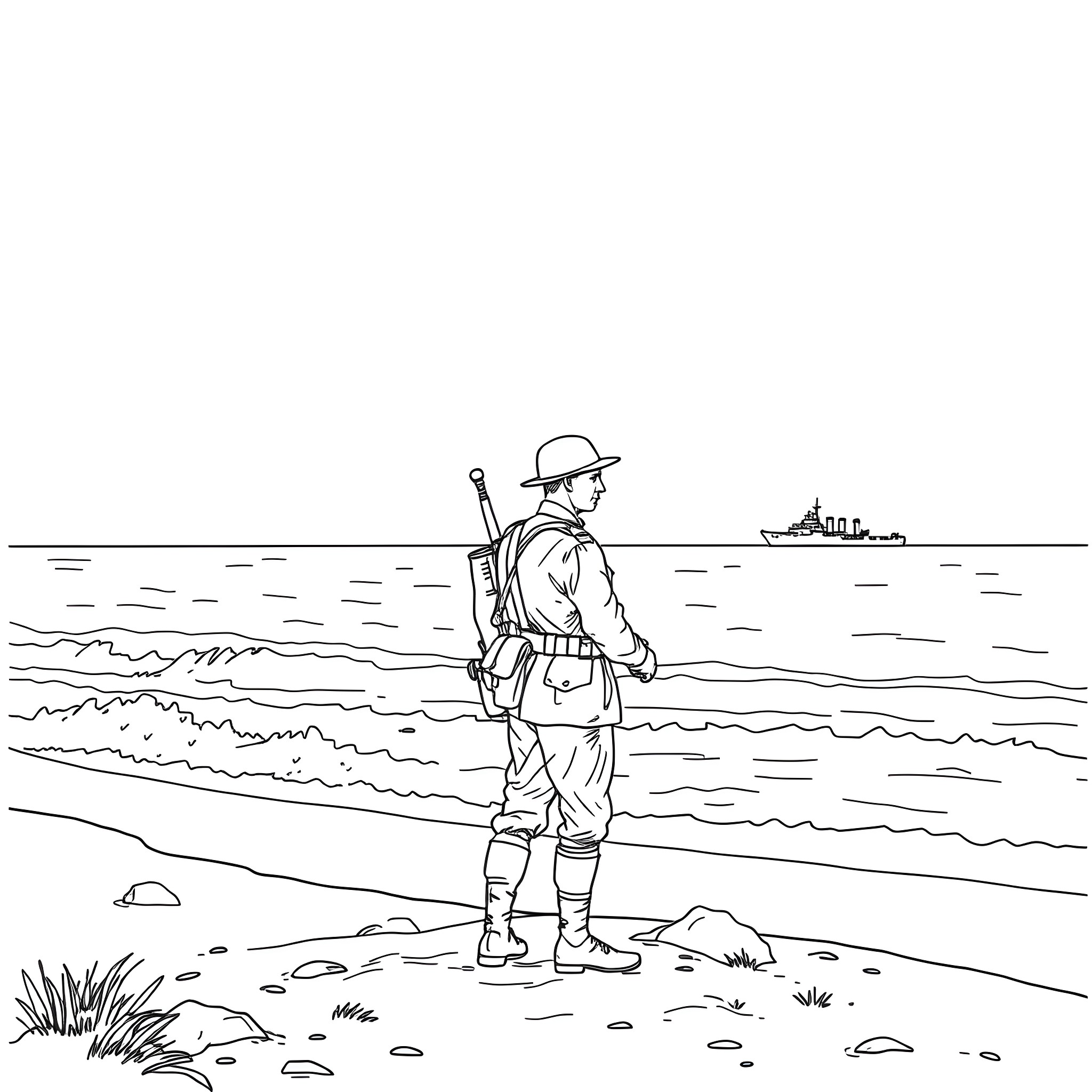 Soldier standing vigilantly on the shoreline Coloring Page (free black-and-white line drawing printable PDF for all, from beginners to advanced learners, including children, teens, adults, and seniors)