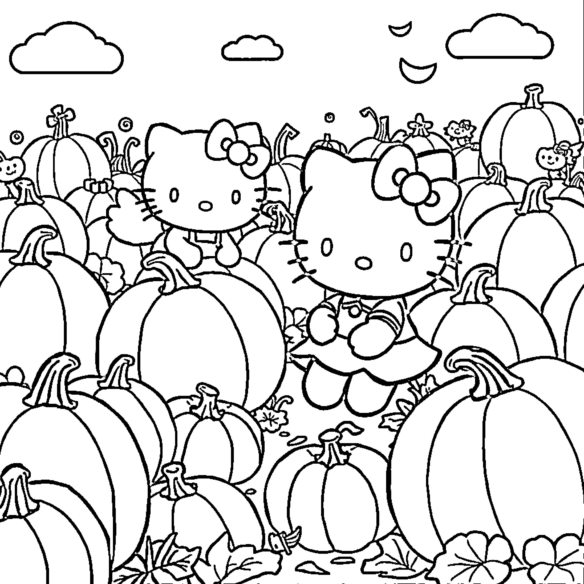 Hello Kitty among pumpkins and flowers Coloring Page (free black-and-white line drawing printable PDF for all, from beginners to advanced learners, including children, teens, adults, and seniors)