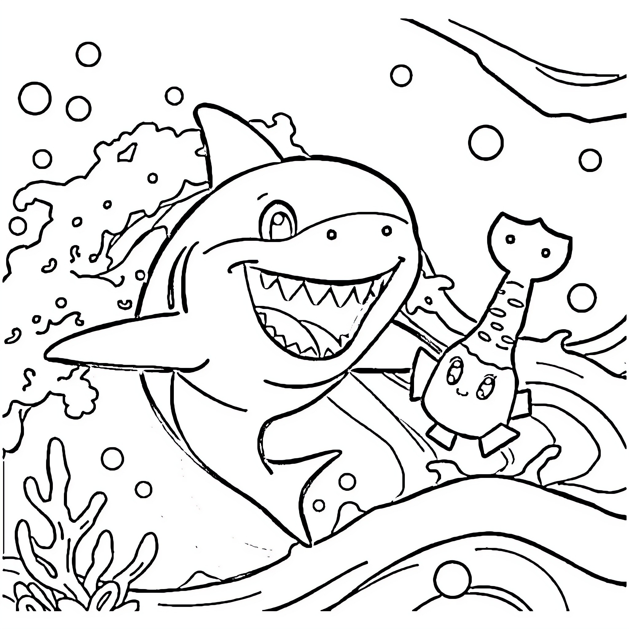 Baby Shark having fun underwater with sea creatures Coloring Page (free black-and-white line drawing printable PDF for all, from beginners to advanced learners, including children, teens, adults, and seniors)