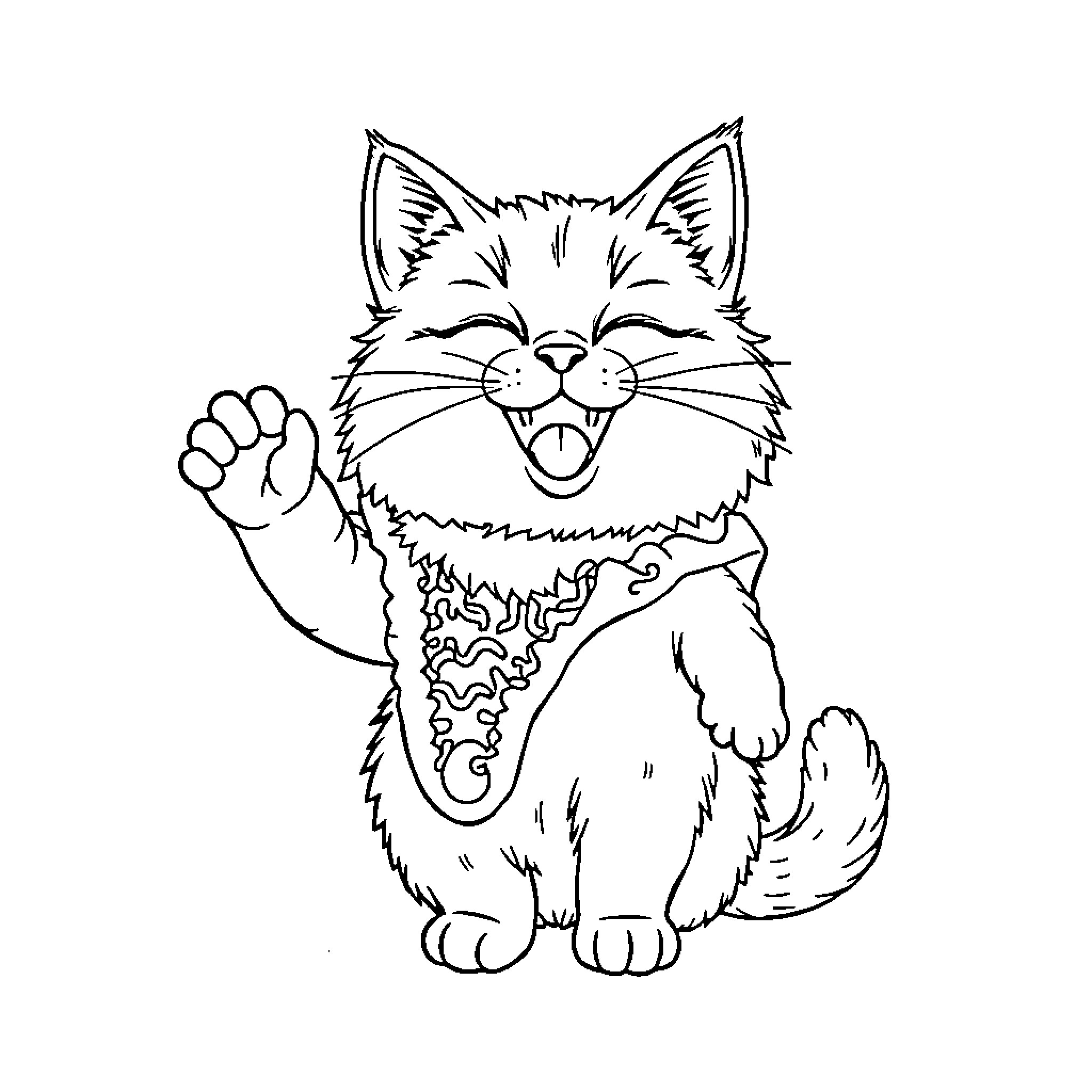 Cat joyfully waving to the viewer Coloring Page (free black-and-white line drawing printable PDF for all, from beginners to advanced learners, including children, teens, adults, and seniors)