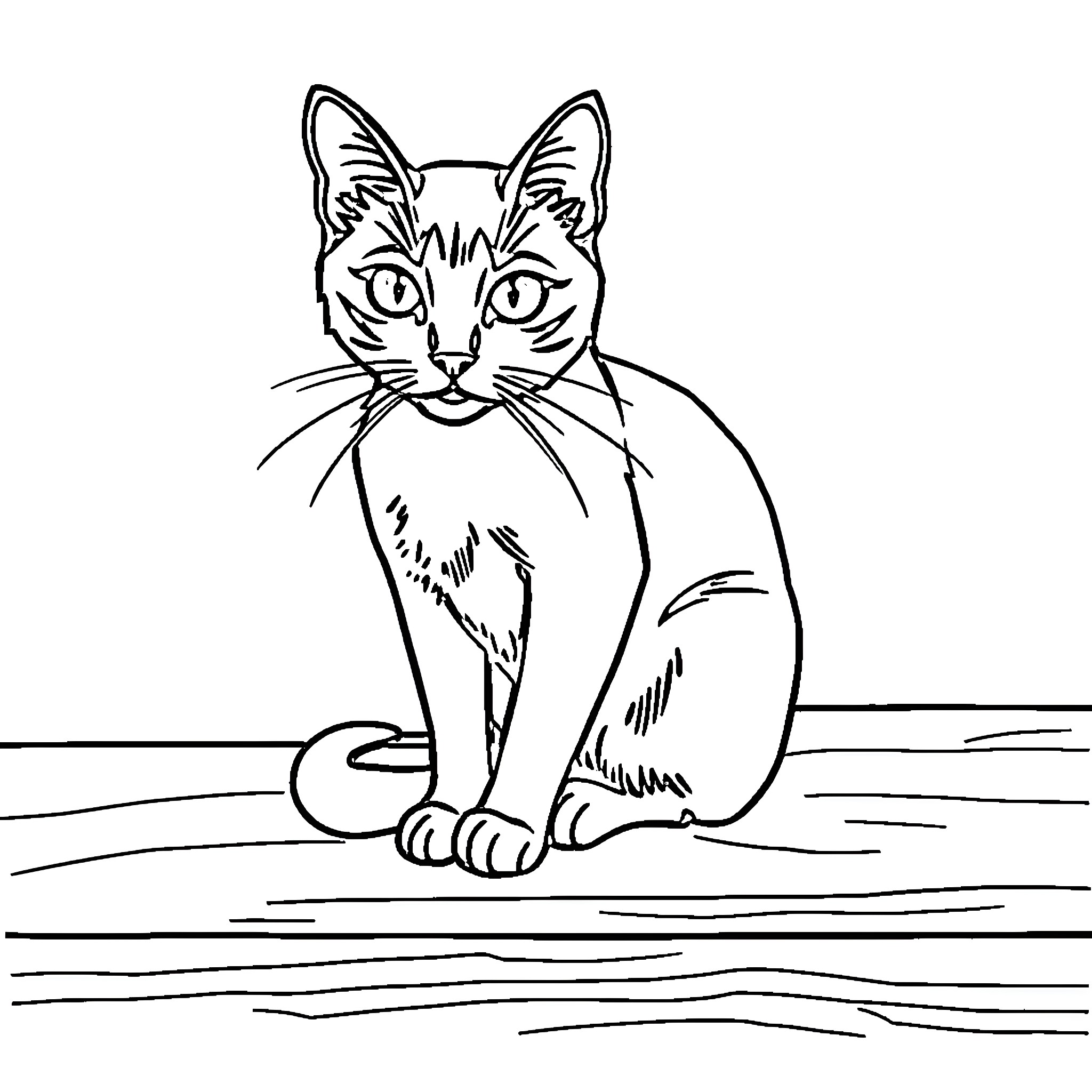 Cat sitting alert and observant Coloring Page (free black-and-white line drawing printable PDF for all, from beginners to advanced learners, including children, teens, adults, and seniors)