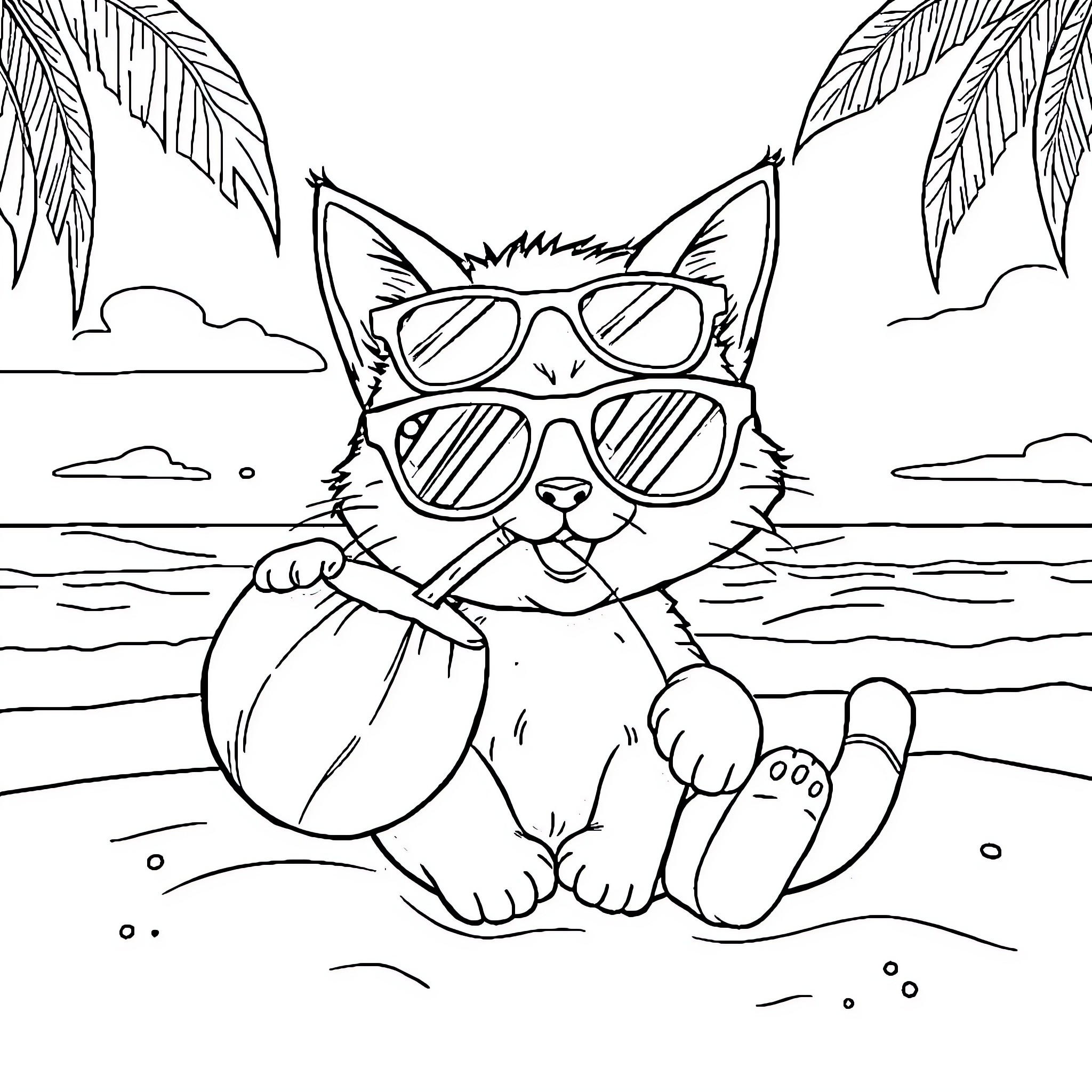 Cat relaxing on the beach with sunglasses Coloring Page (free black-and-white line drawing printable PDF for all, from beginners to advanced learners, including children, teens, adults, and seniors)