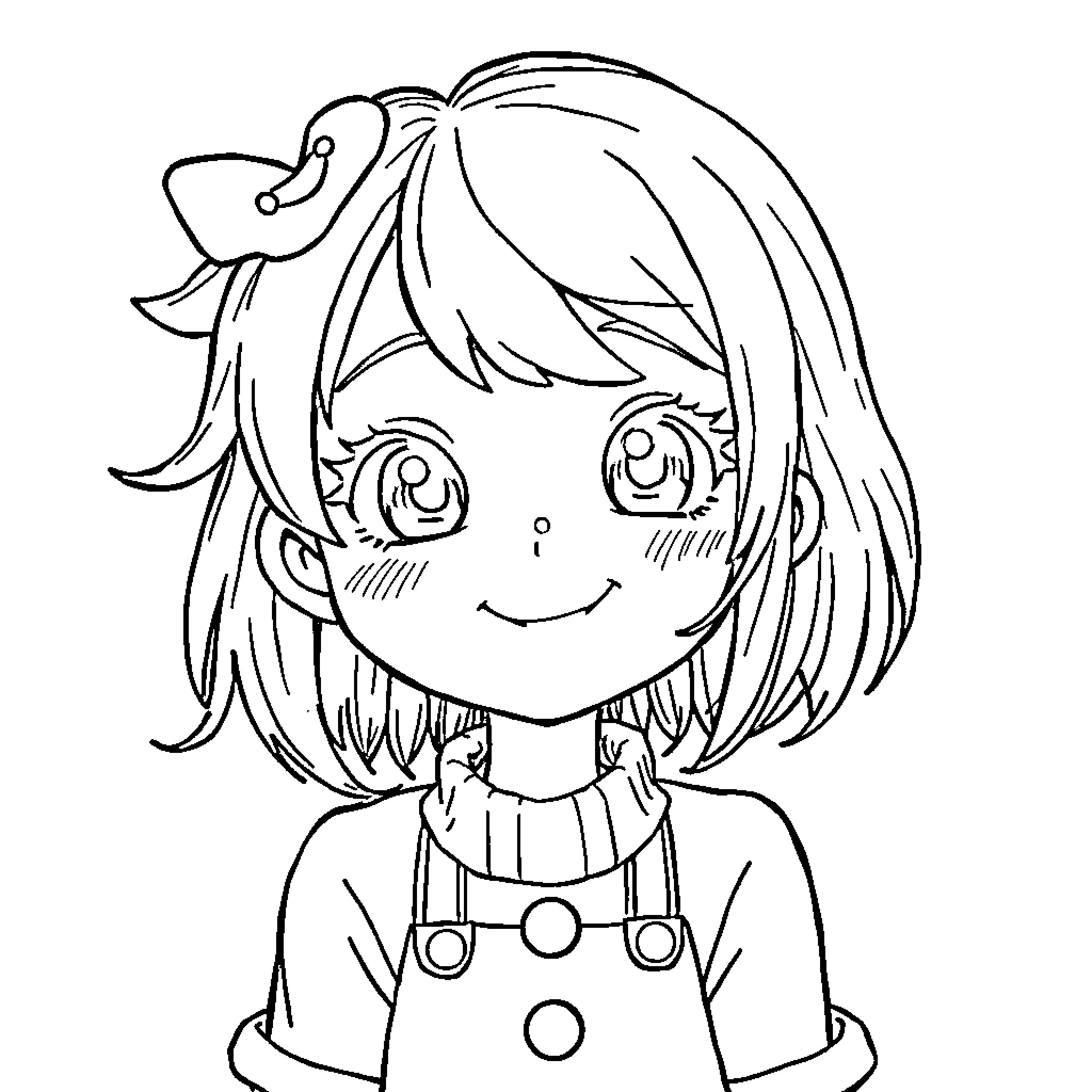 Nanou's Cheerful Expression and Whimsical Outfit Coloring Page (free black-and-white line drawing printable PDF for all, from beginners to advanced learners, including children, teens, adults, and seniors)