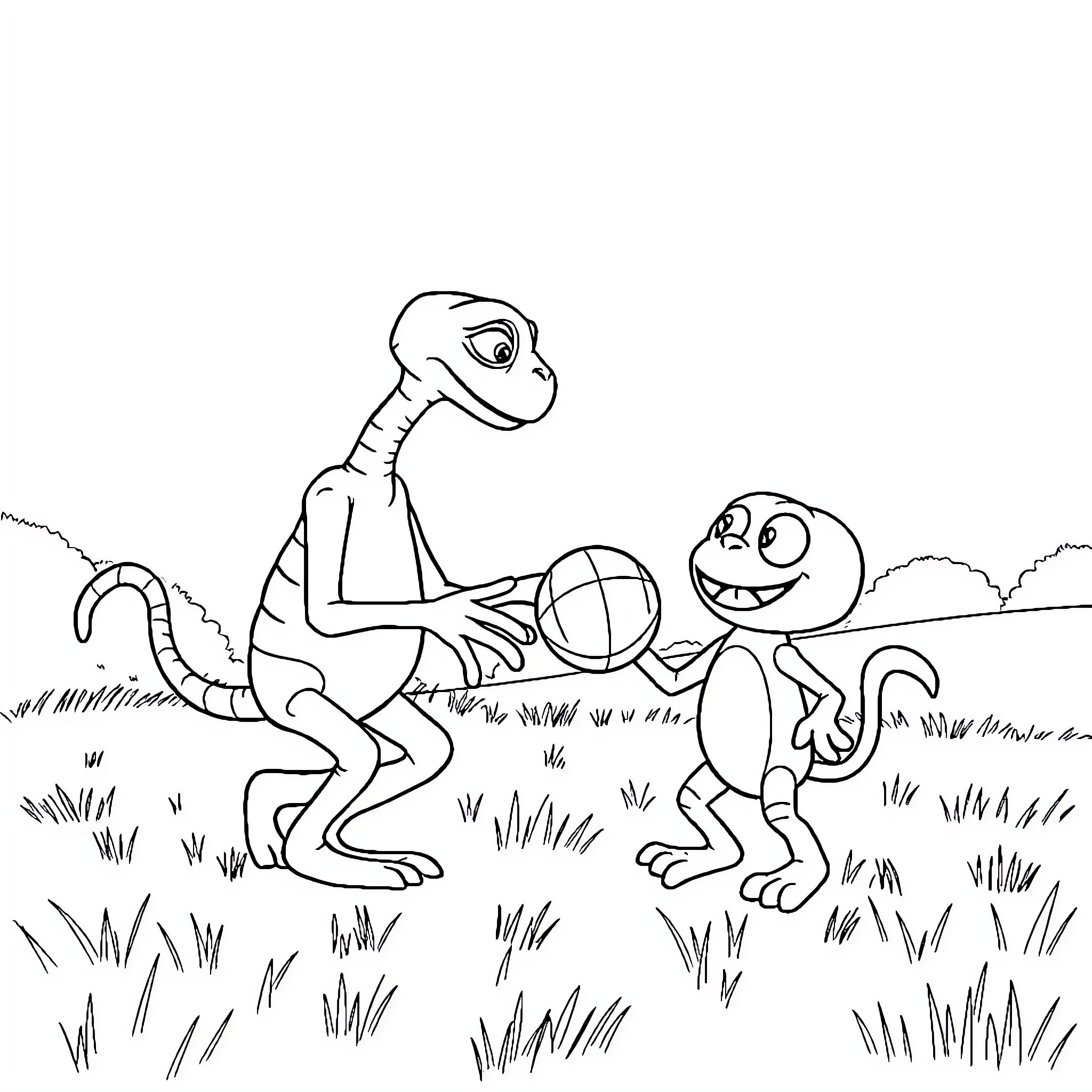 E.T. Alien Creatures Playing Catch in the Grass Coloring Page (free black-and-white line drawing printable PDF for all, from beginners to advanced learners, including children, teens, adults, and seniors)