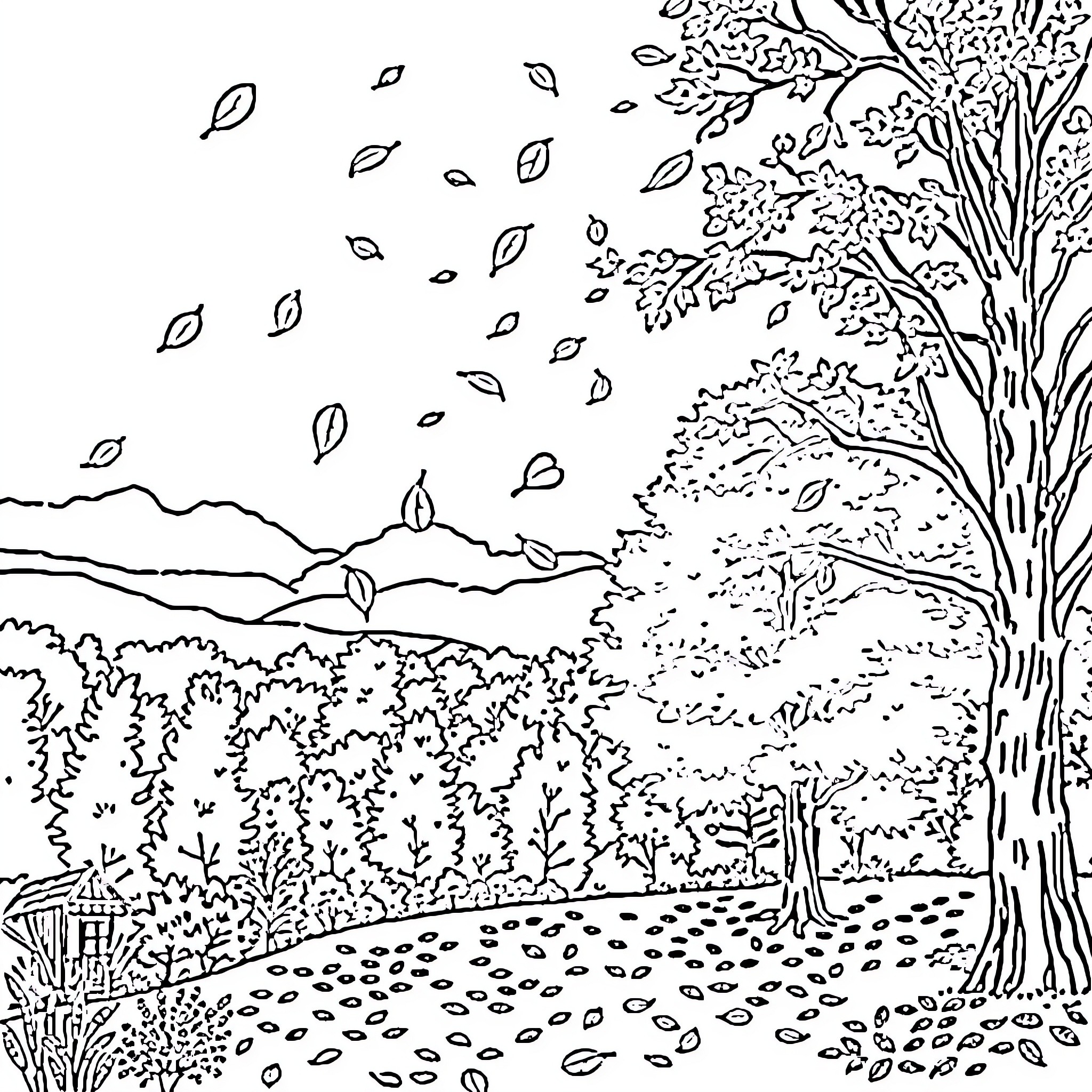 Autumn leaves swirling in a serene landscape Coloring Page (free black-and-white line drawing printable PDF for all, from beginners to advanced learners, including children, teens, adults, and seniors)