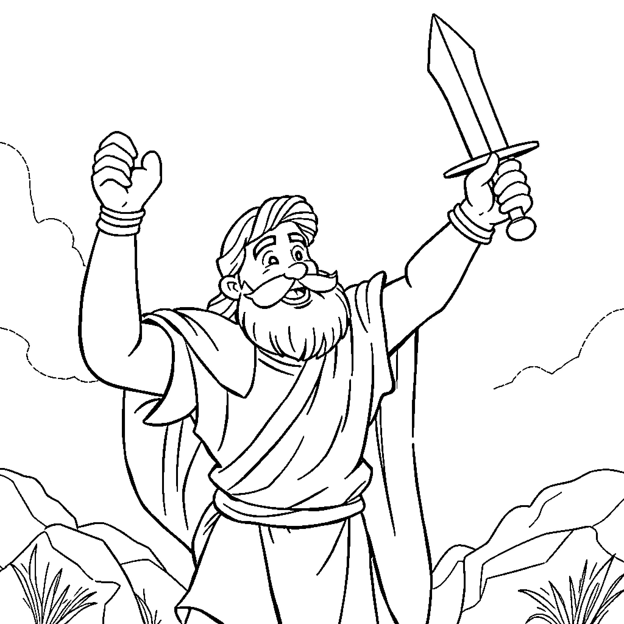 King victoriously wielding sword in epic battle Coloring Page (free black-and-white line drawing printable PDF for all, from beginners to advanced learners, including children, teens, adults, and seniors)