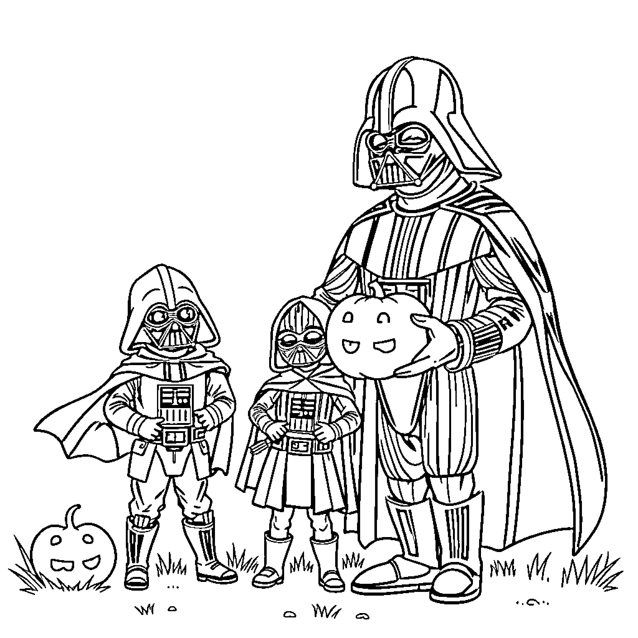 Darth Vader and children in Halloween costumes Coloring Page (free black-and-white line drawing printable PDF for all, from beginners to advanced learners, including children, teens, adults, and seniors)