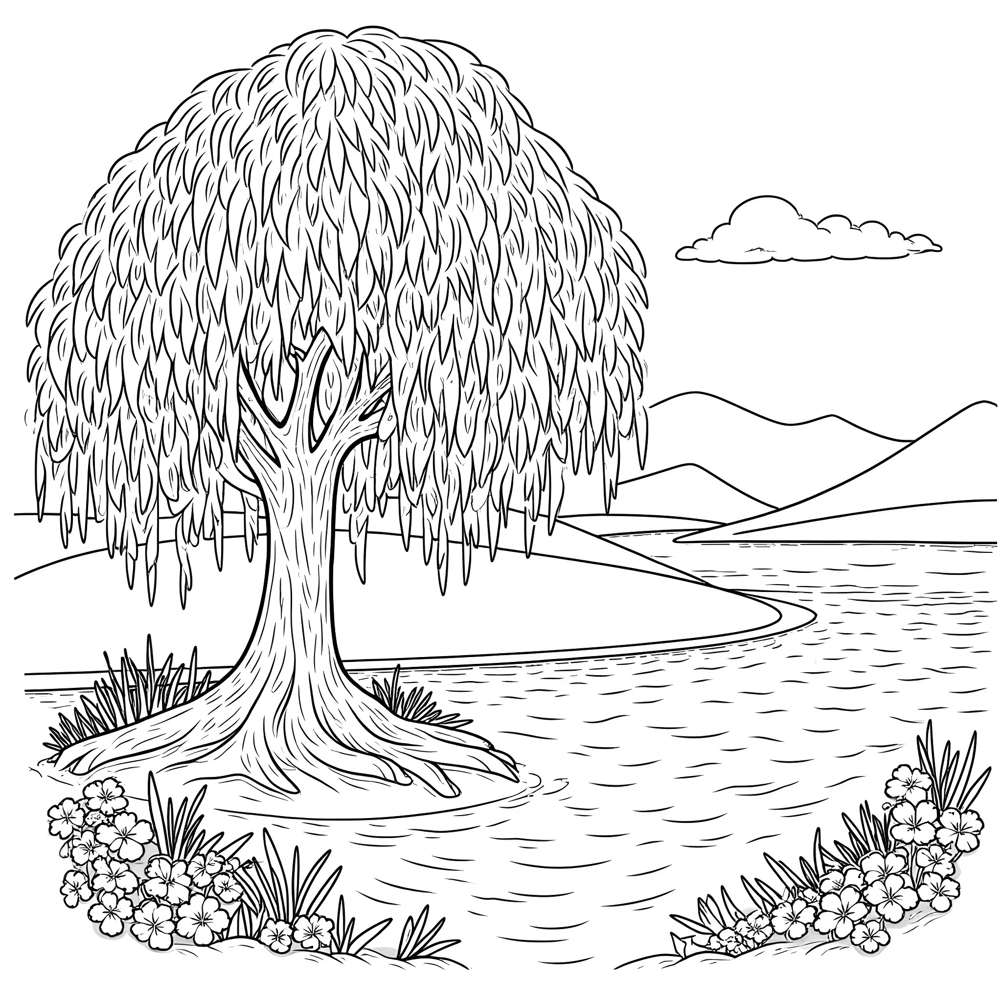 Willow tree beside a serene lake and mountains Coloring Page (free black-and-white line drawing printable PDF for all, from beginners to advanced learners, including children, teens, adults, and seniors)